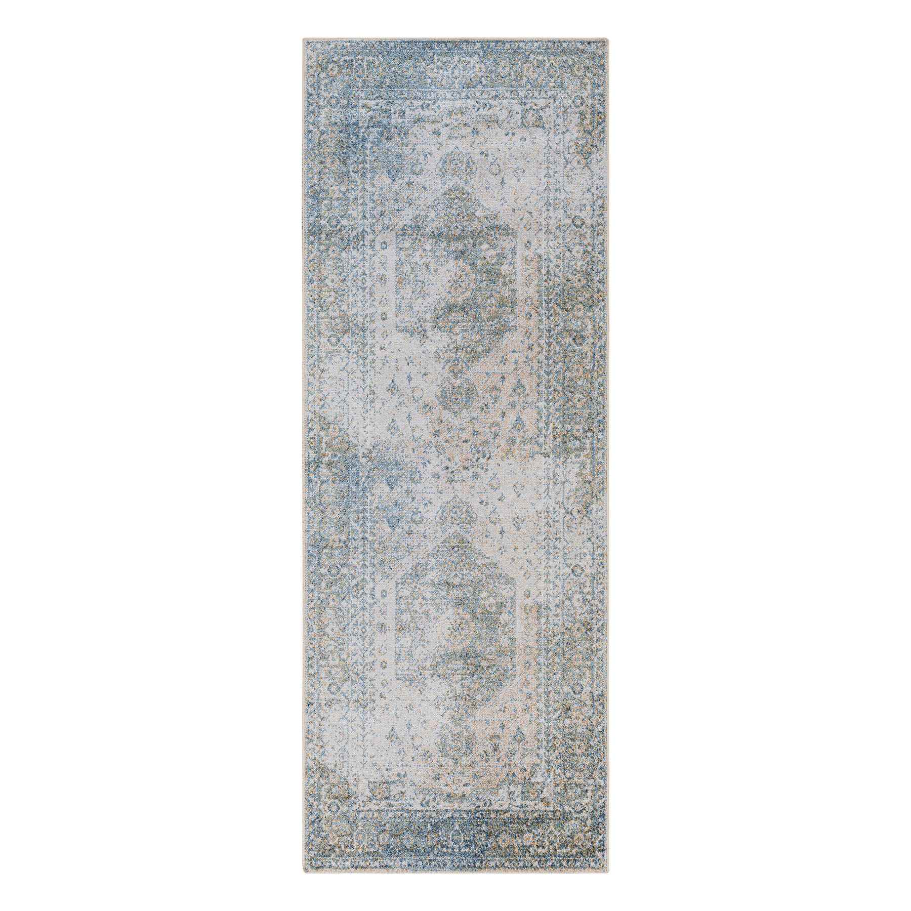 (D590) Lillian Blue Multi Medallion Washable Runner, 2x7