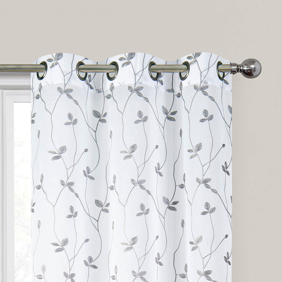2-Pack White & Grey Embroidered Leaf Grommet Curtain Panels, 95"