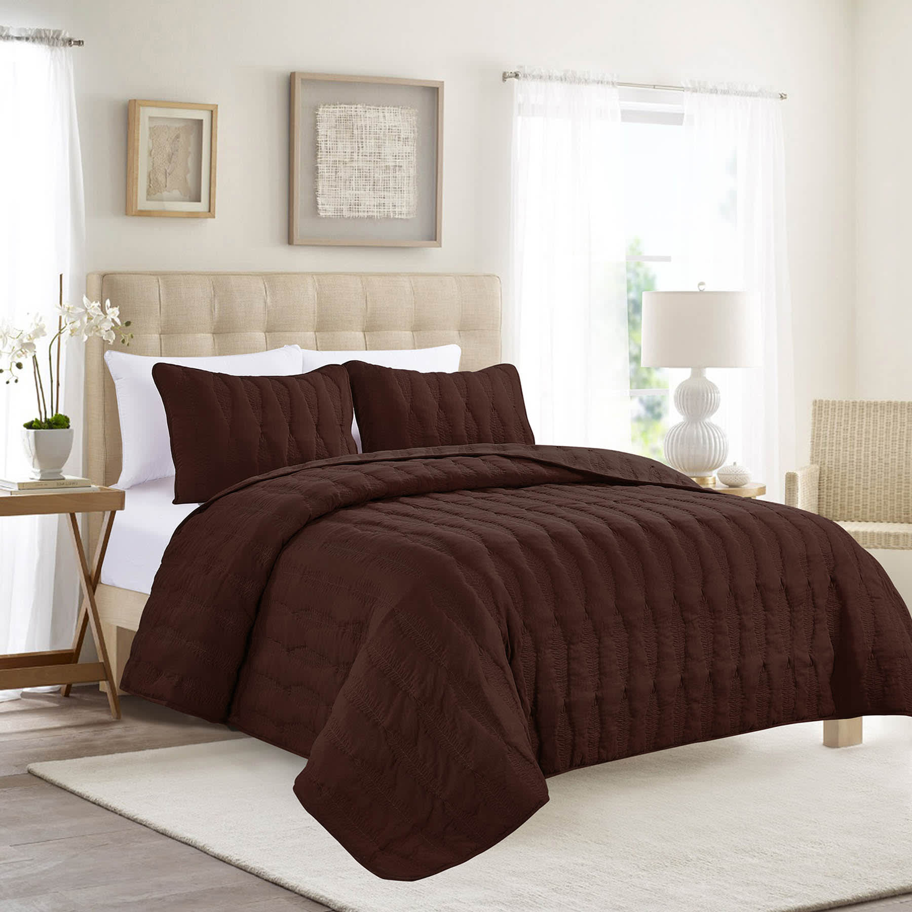 Providence 3-Piece Brown Embroidered Washed Microfiber Quilt Set, Full/Queen