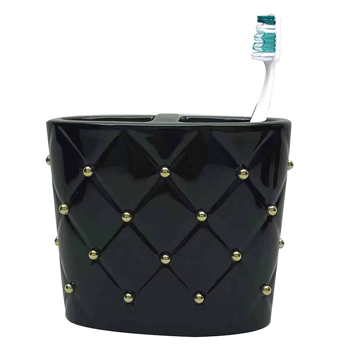 Providence Black & Gold Quilted Ceramic Stud Toothbrush Holder, 4"