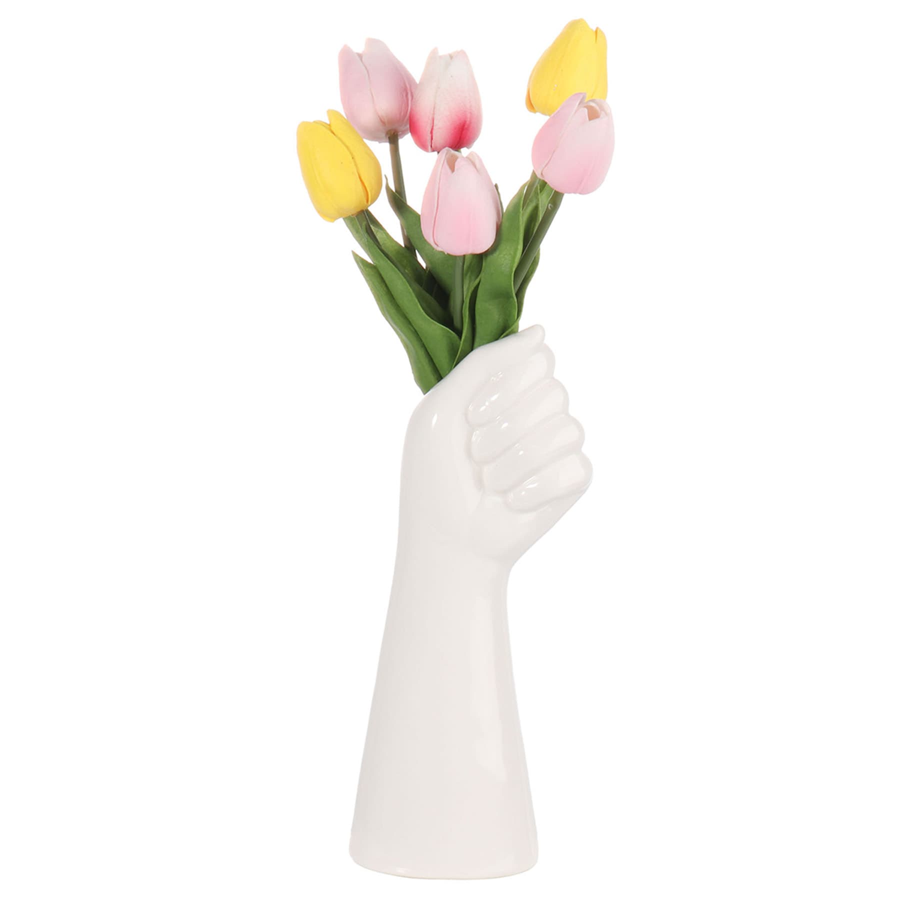 Pink & Yellow Tulips in Hand Shaped Ceramic Pot, 14"