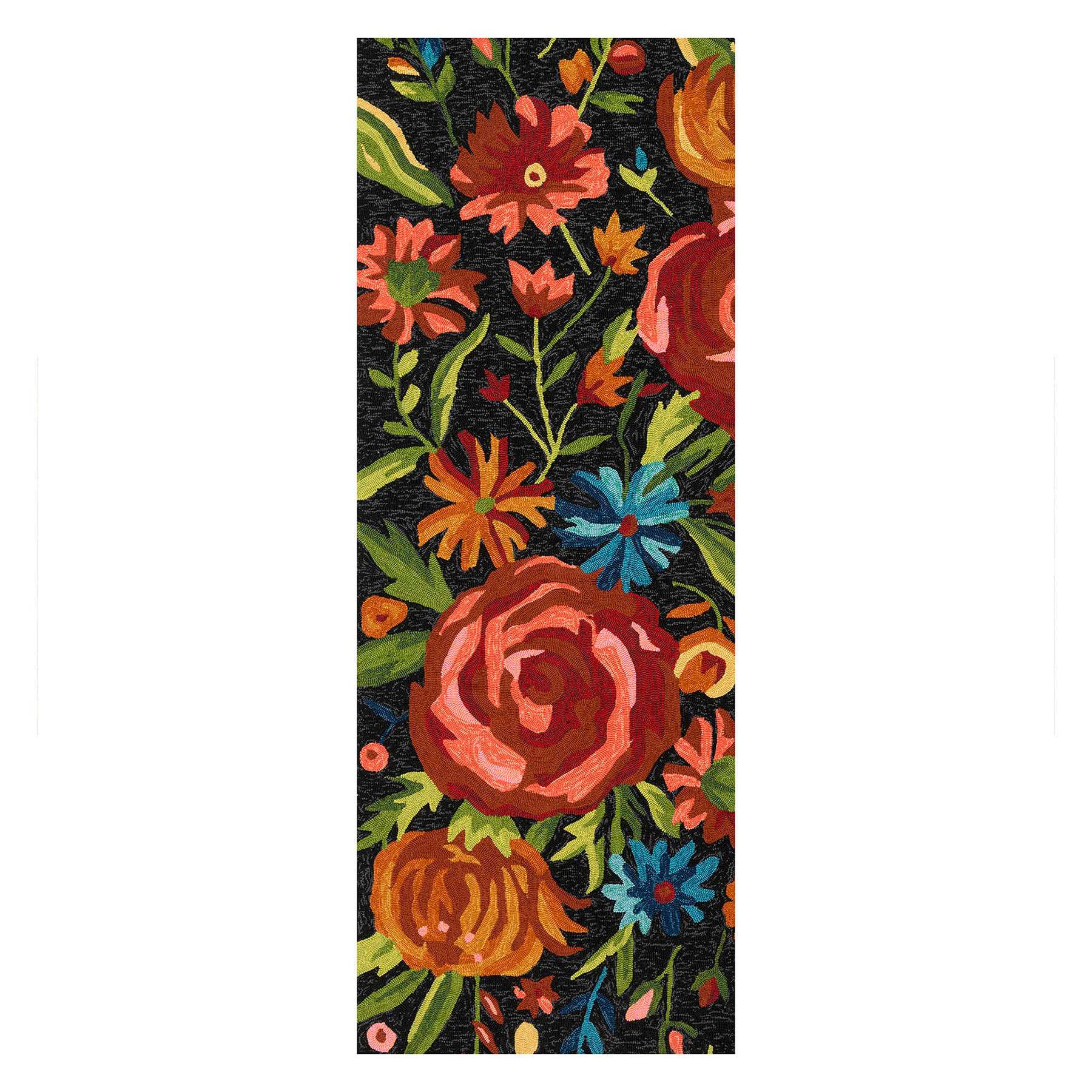 (E255) Santa Monica Black Floral Indoor & Outdoor Runner, 2x5