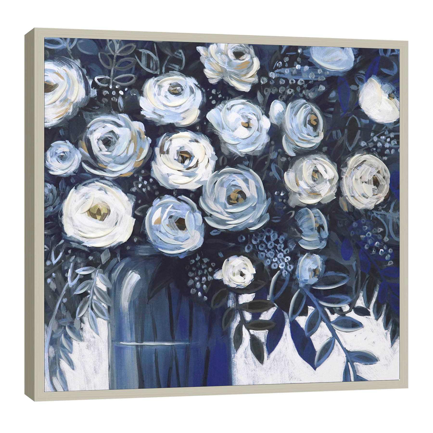Framed Dark Indigo Floral Canvas Wall Art, 20"