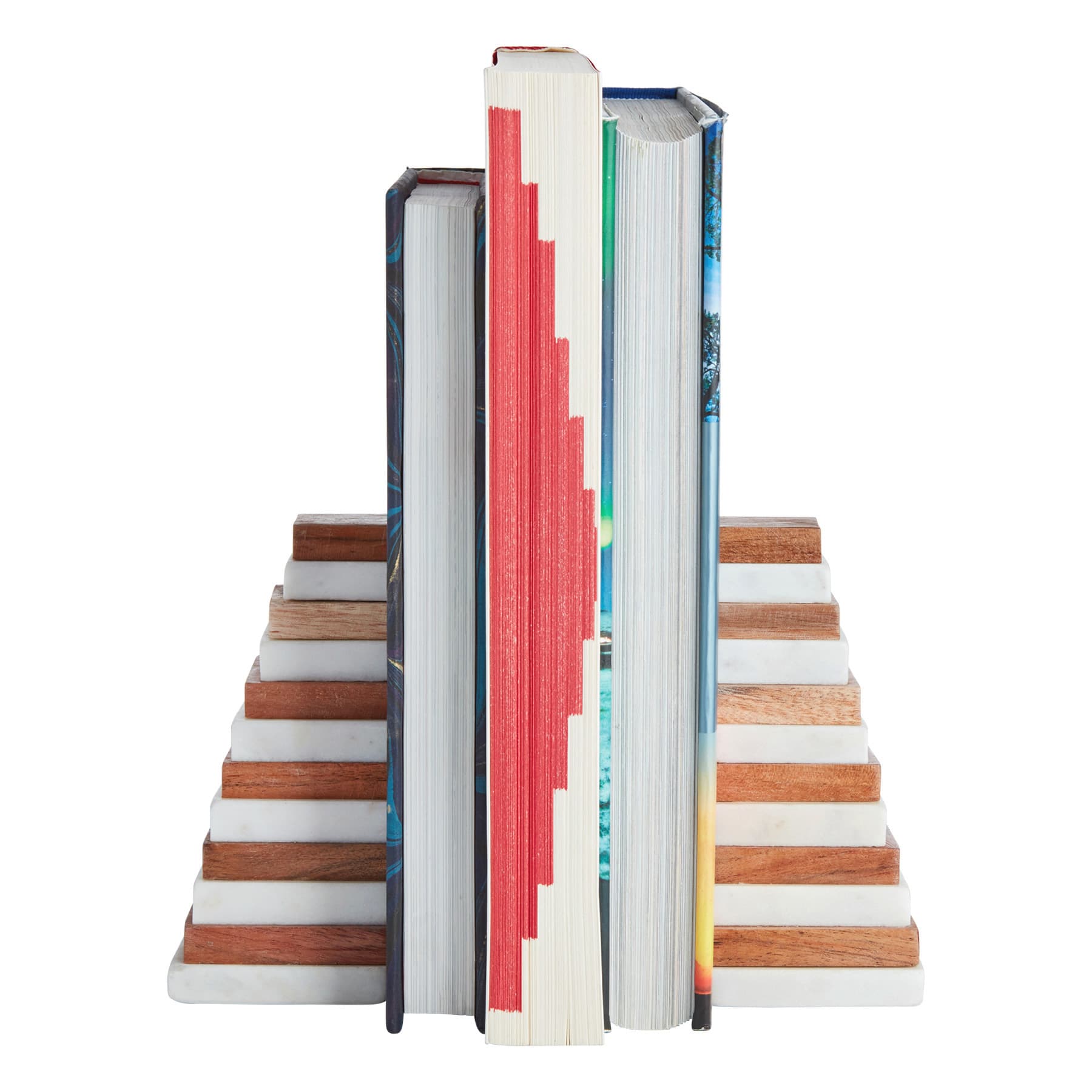 2-Piece Stacked Marble & Wood Bookends Set, 5"