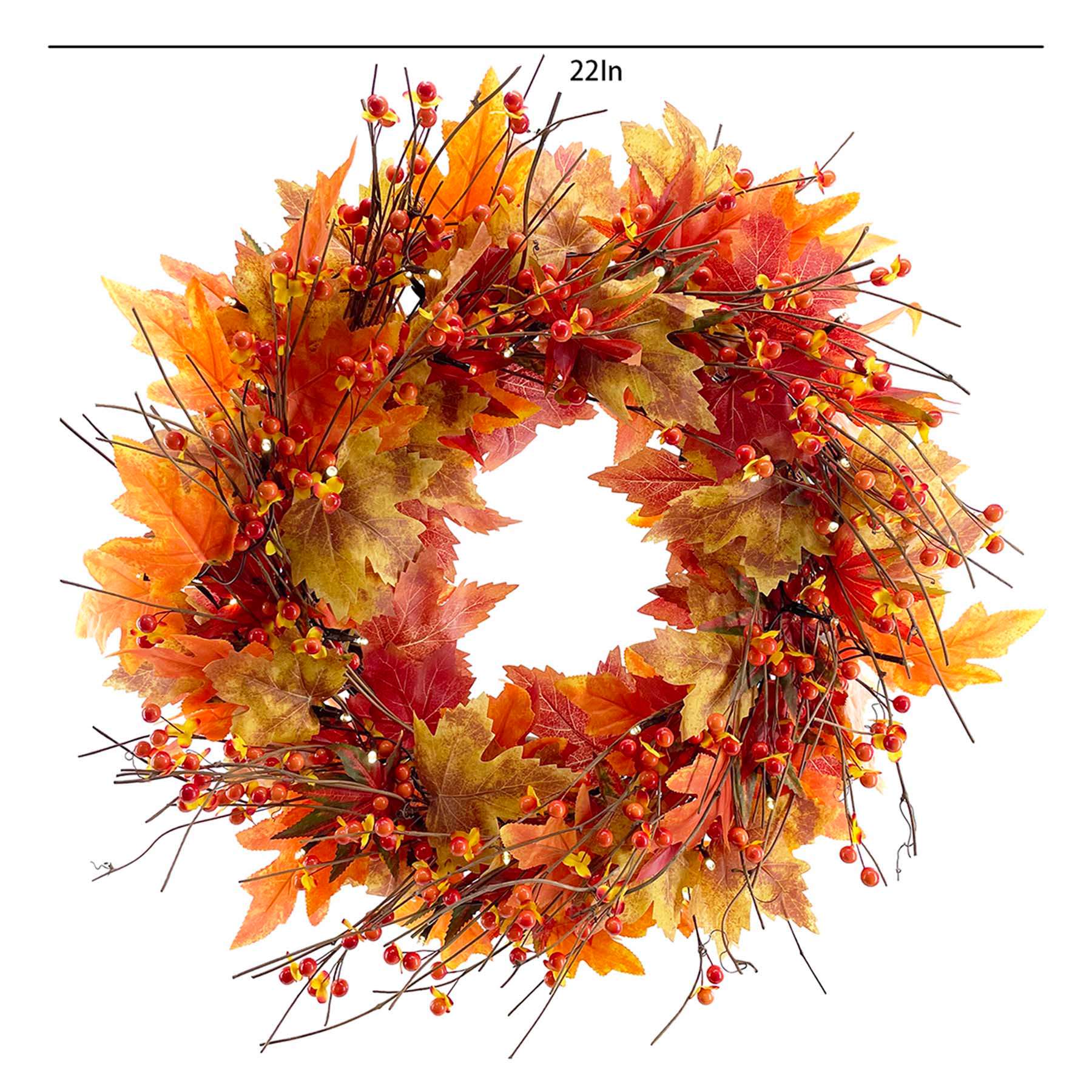 Warm Light LED Maple Leaves & Berries Wreath with Timer, 22"