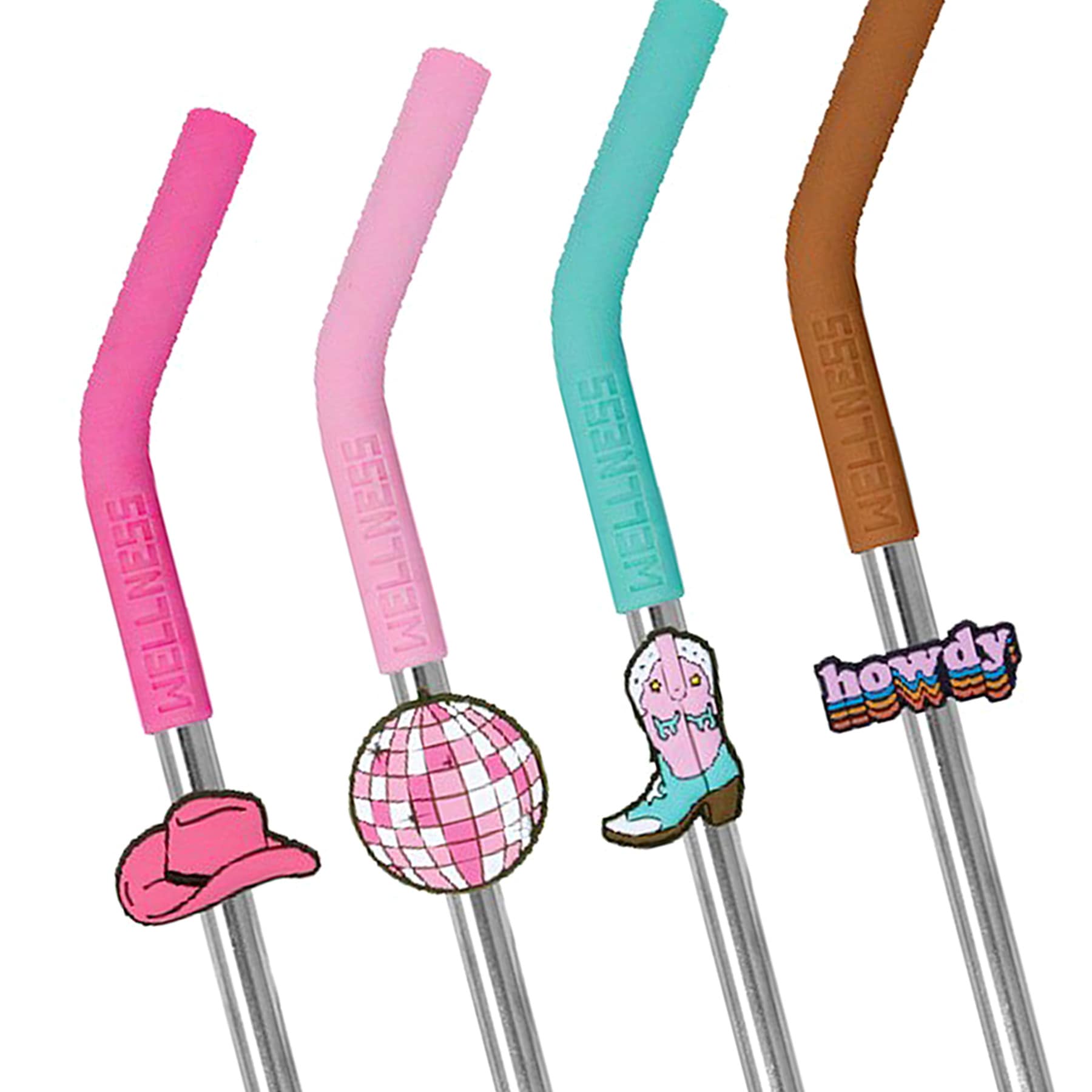 4-Pack Disco Cowboy Charm Stainless Steel Straw Set