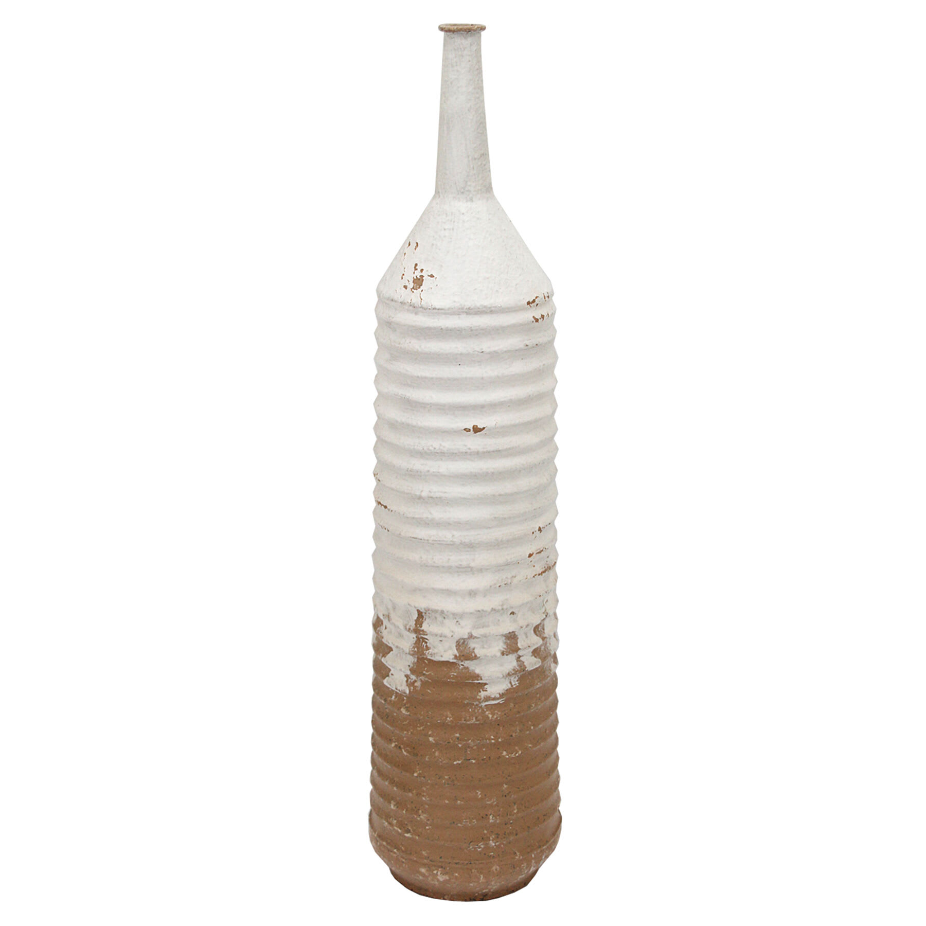 White & Tan Ribbed Metal Vase, 22"