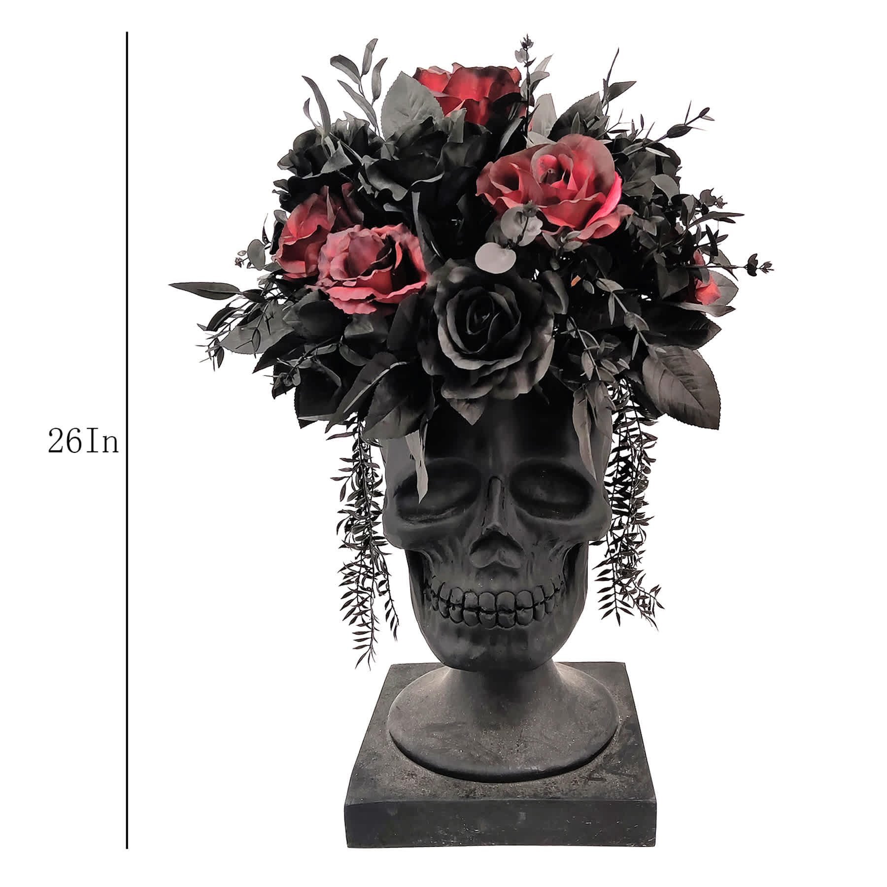 Midnight Shadows Red & Black Rose in Skull Vase, 26"