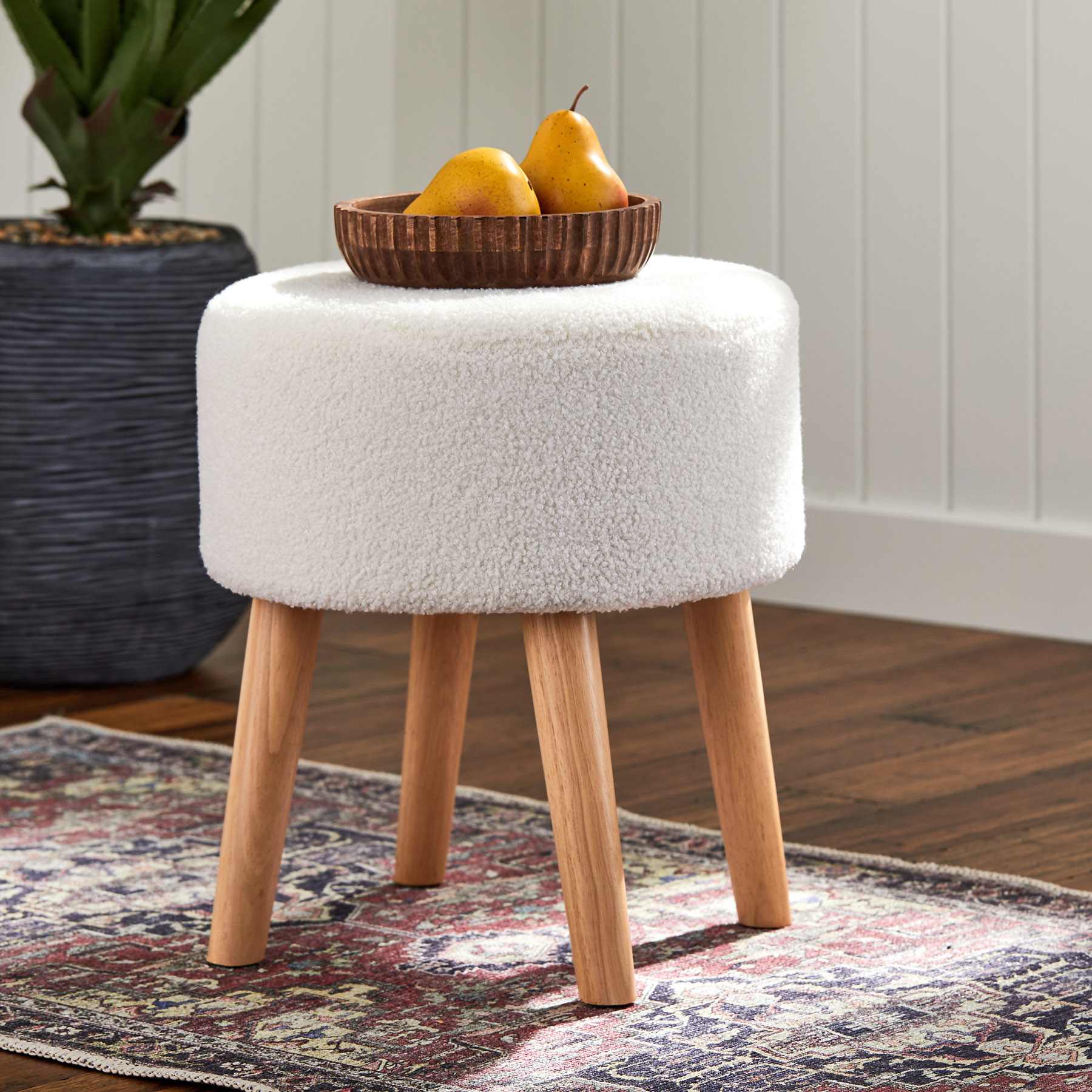 Emmy Stool with Wooden Legs, Cream Sherpa