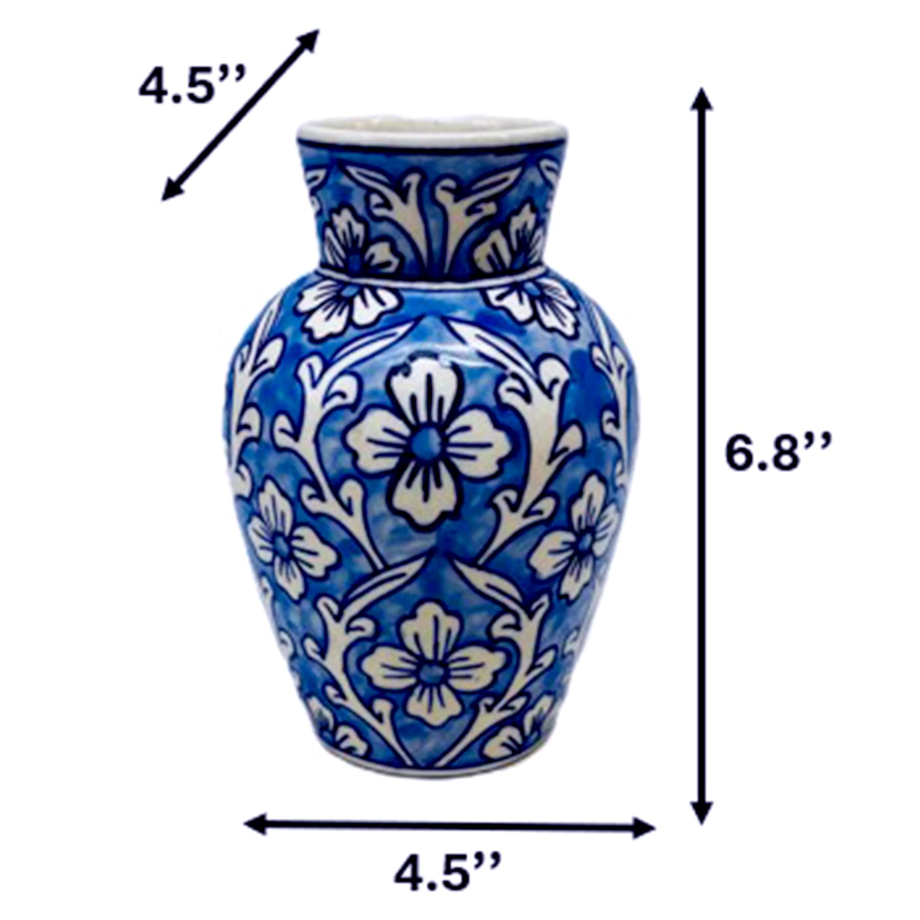 Light Blue Handpainted Floral Ceramic Vase, 6.7''