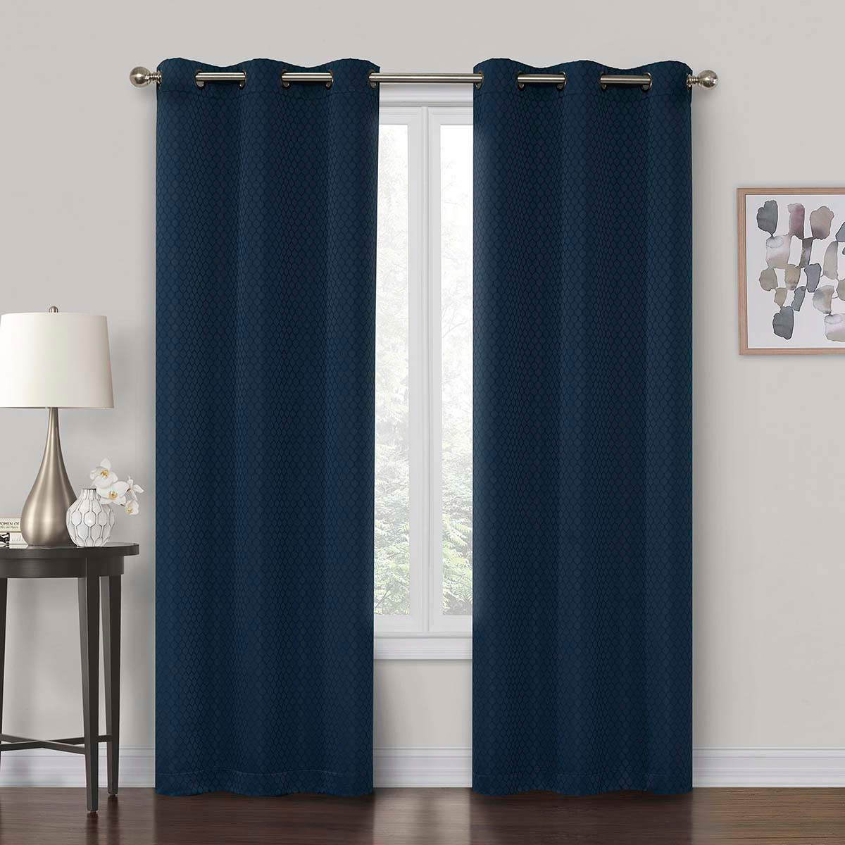 Navy Shrink Yarn Light Filtering Grommet Curtain Panel, 84"