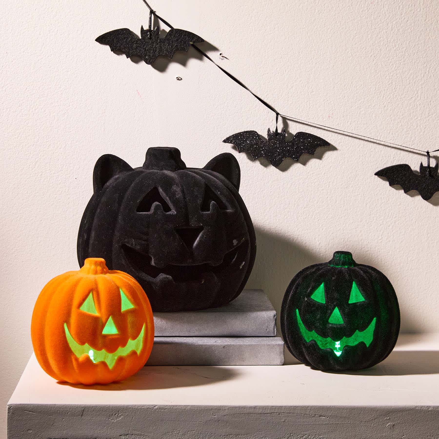 Hey Boo! Black Flocking Pumpkin with Light, 5.5"