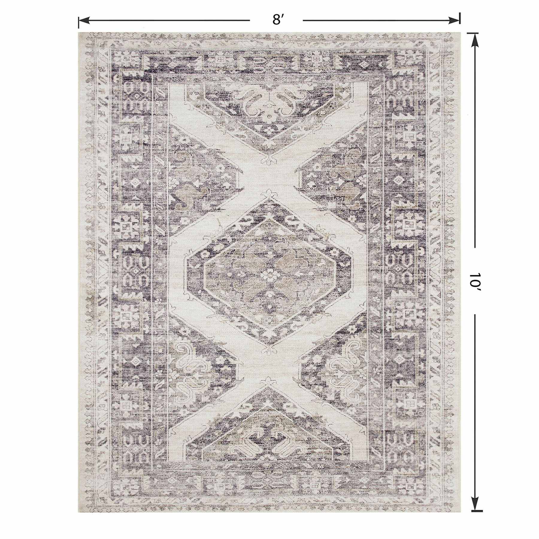 (B829) Grey & White Floral Washable Area Rug, 8x10