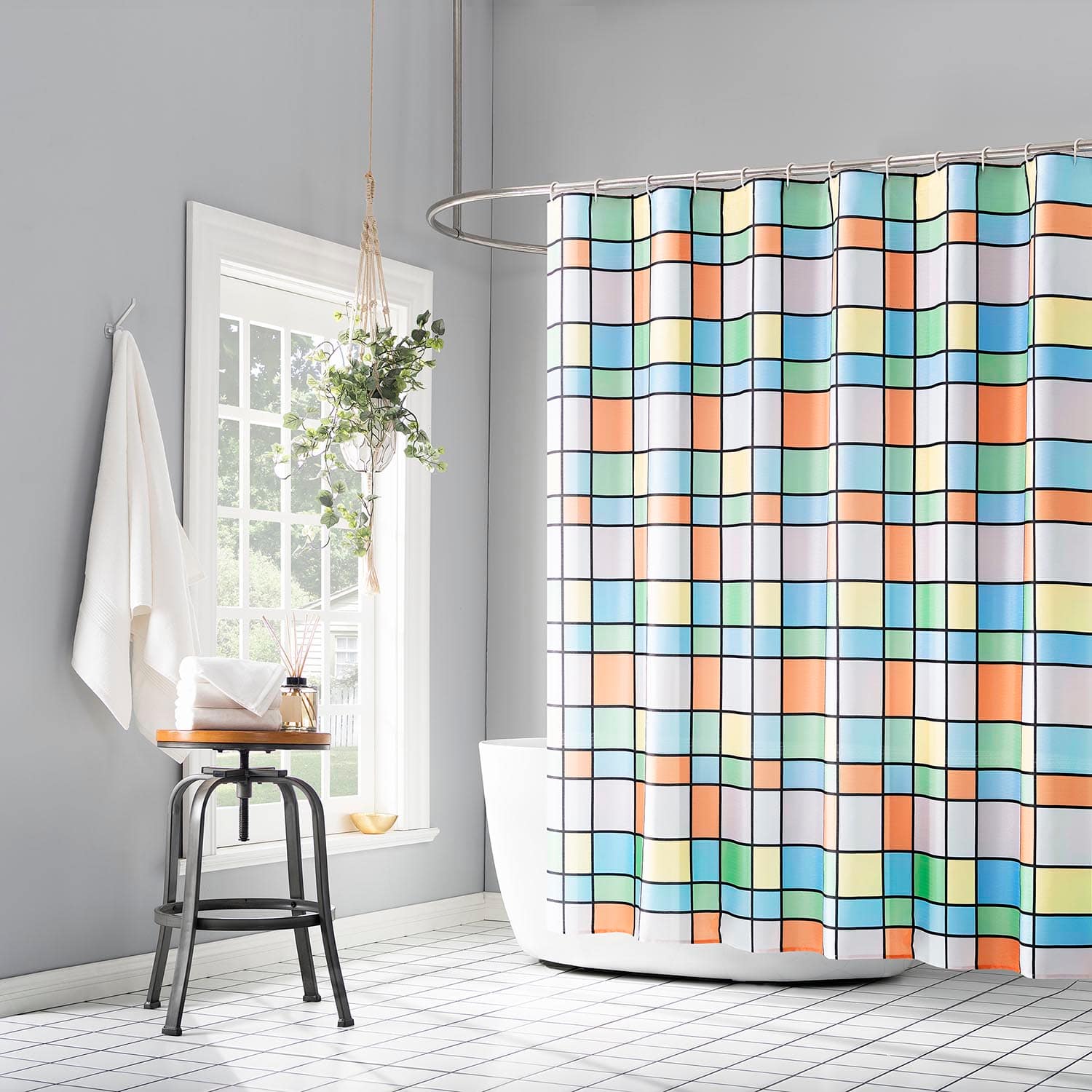 13-Piece Multicolor Retro Grid Shower Curtain Set, 70x72