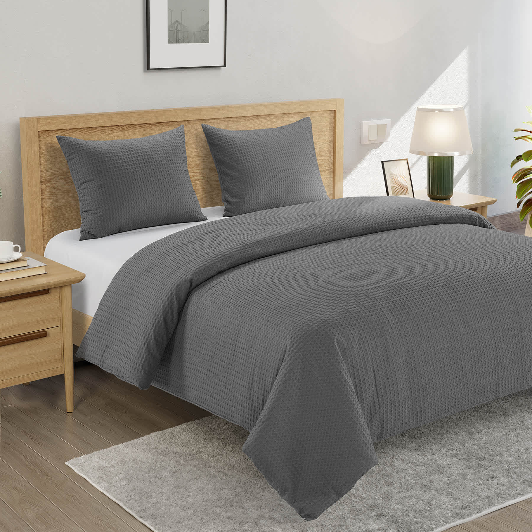 Crosby St. 3-Piece Grey Washed Cotton Waffle Comforter Set, Full/Queen