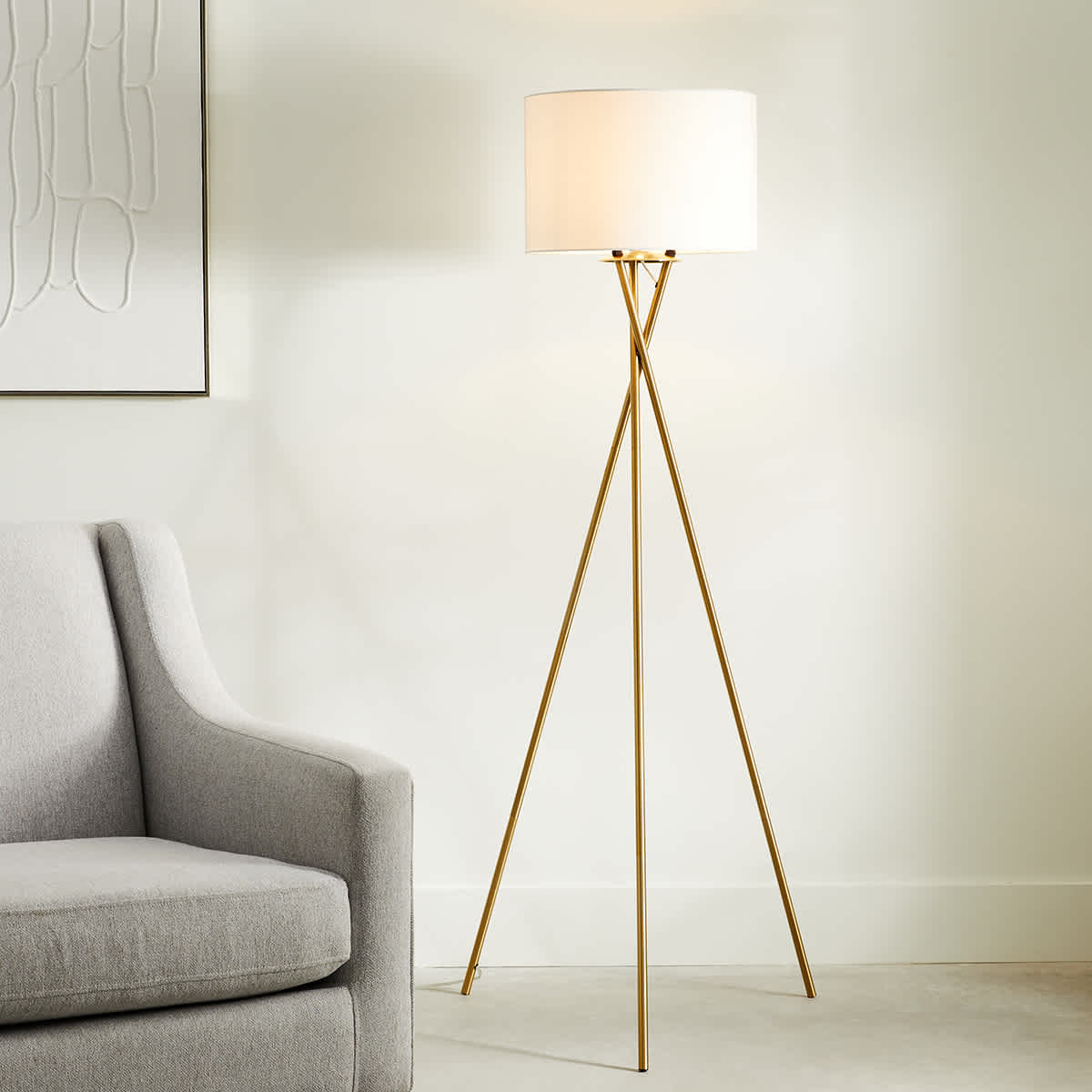 Crosby St. Brass Tripod Floor Lamp with White Fabric Drum Shade, 59"