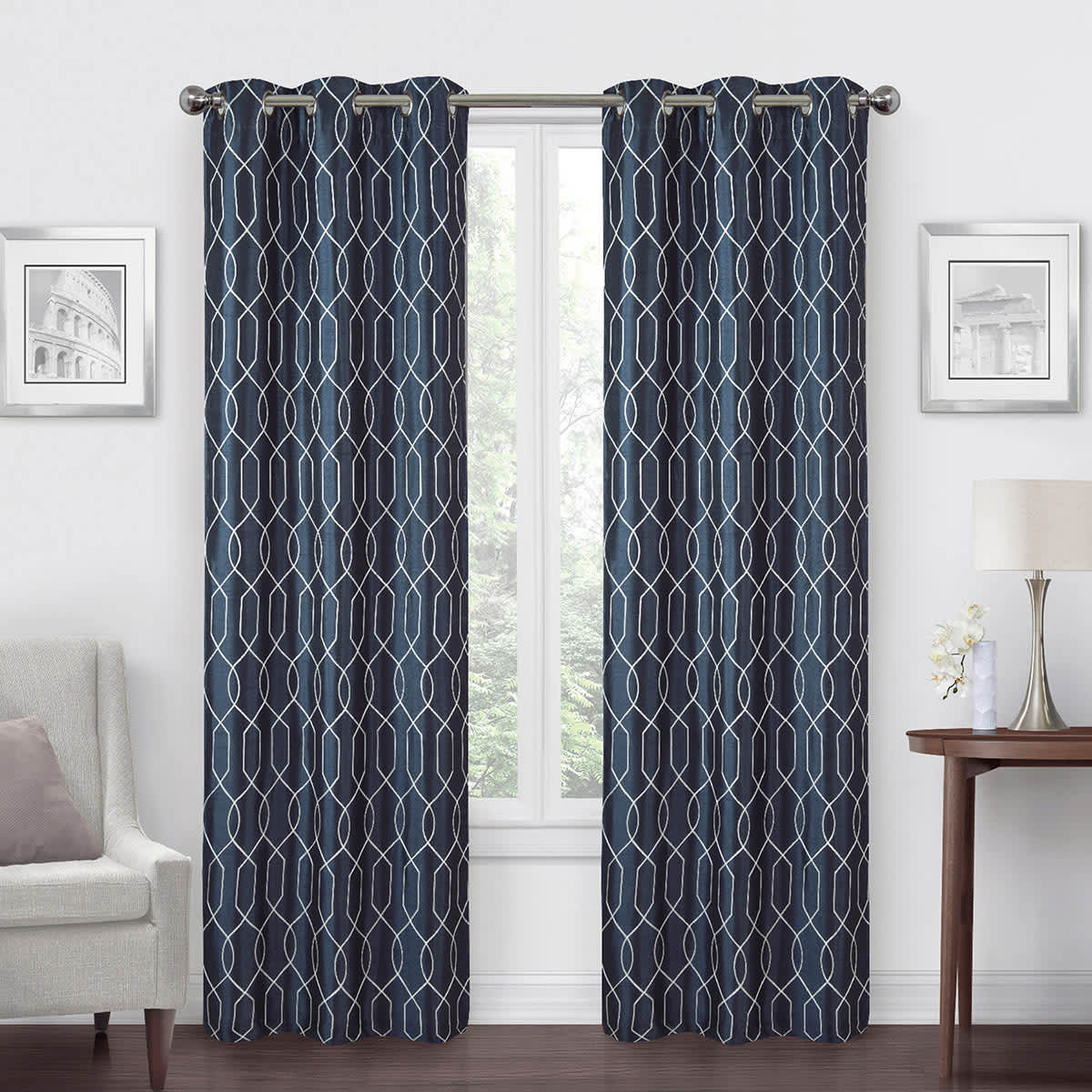Navy Faux Silk Embroidered Blackout Grommet Curtain Panel, 84"
