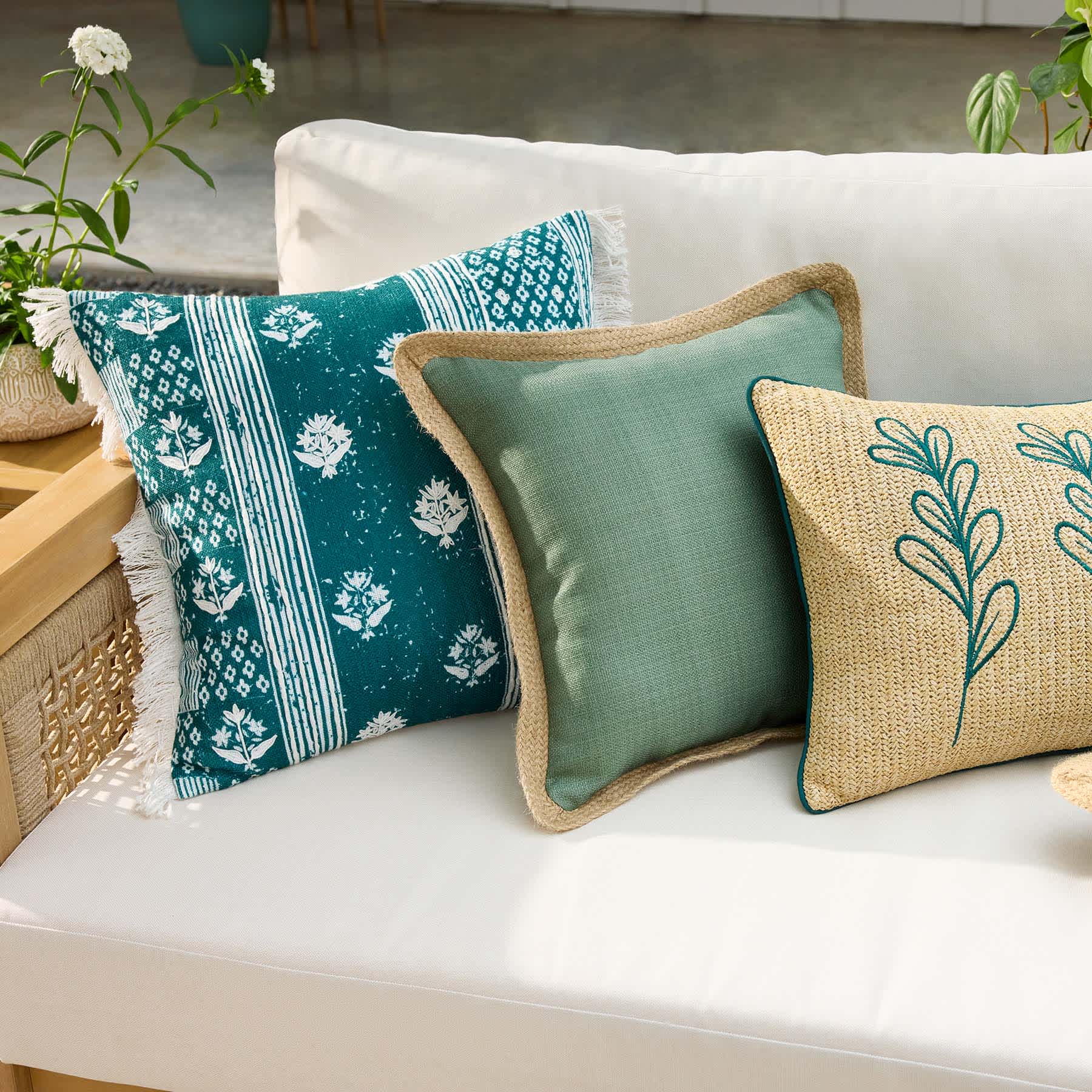 Honeybloom Dark Green Flowers Woven Outdoor Throw Pillow, 18"