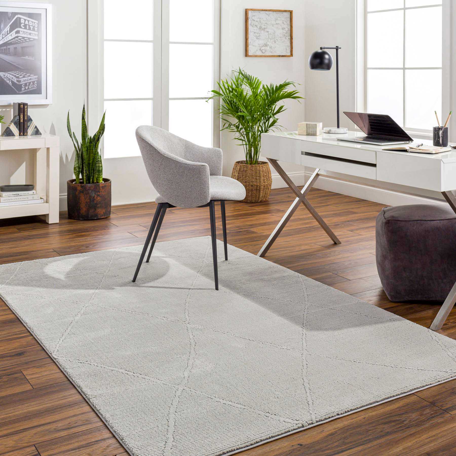 (B878) Alder Grey Diamond Design Washable Area Rug, 8x10