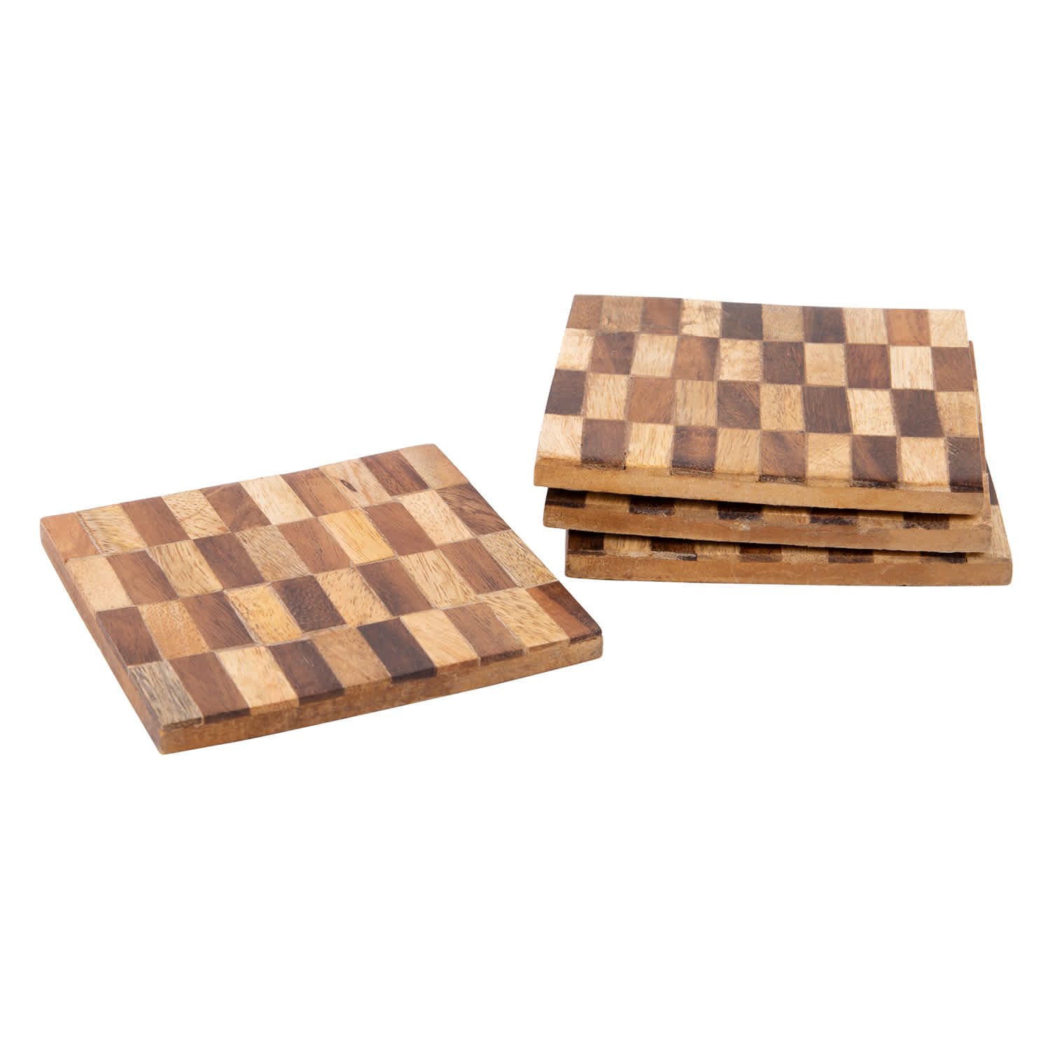 Set of 4 Checkered Wooden Square Coasters, 4"