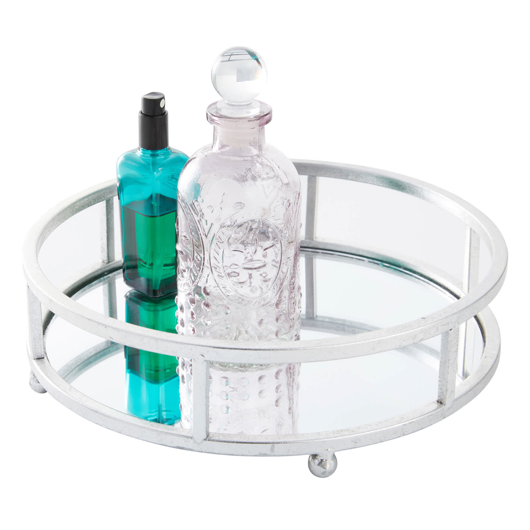 Silver Metal Tray with Mirror, 10"
