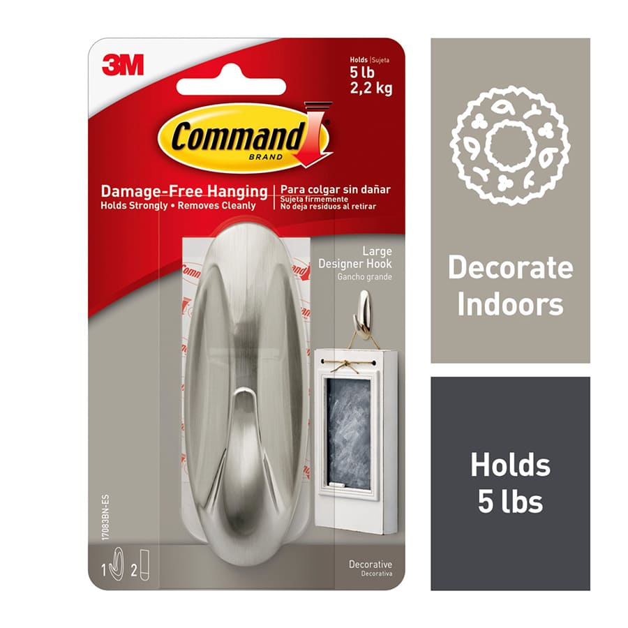 Command? Designer Large Hook, 1-Hook, 2-Strips/Pack, Brushed Nickel