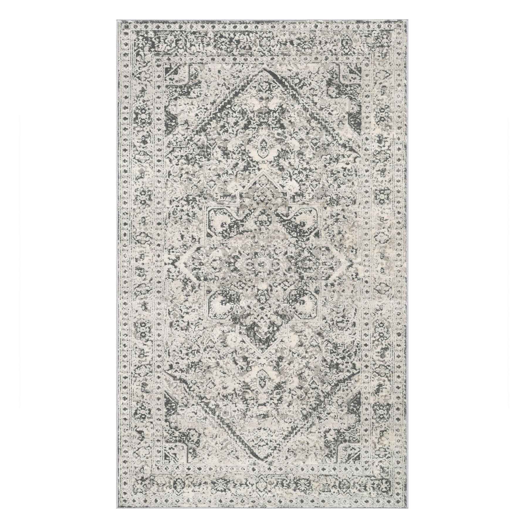(B548) Providence Villa Dark Grey & Cream Distressed Look Accent Rug, 3x5