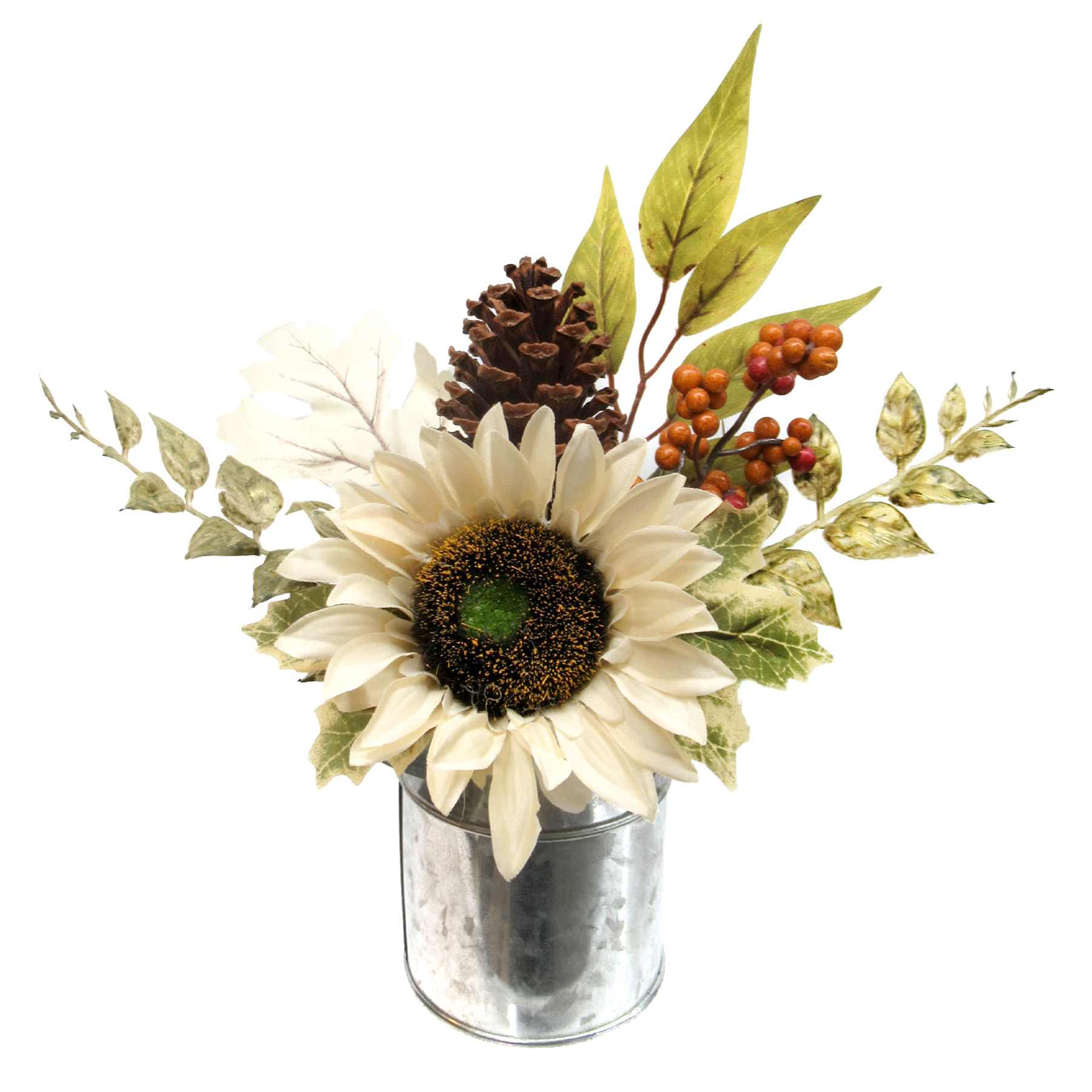 White Sunflower, Berry & Cone in Pot, 9.5"