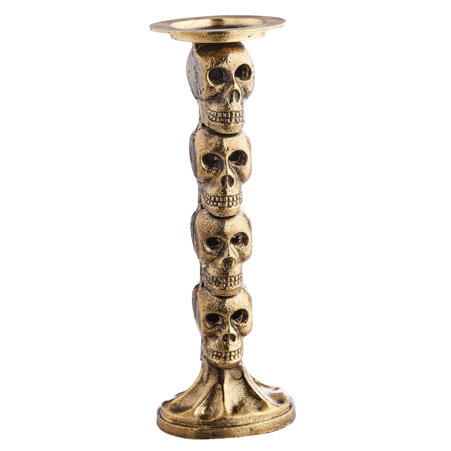 Midnight Shadows Skulls Pillar Holder in Antique Gold Finish, 16"