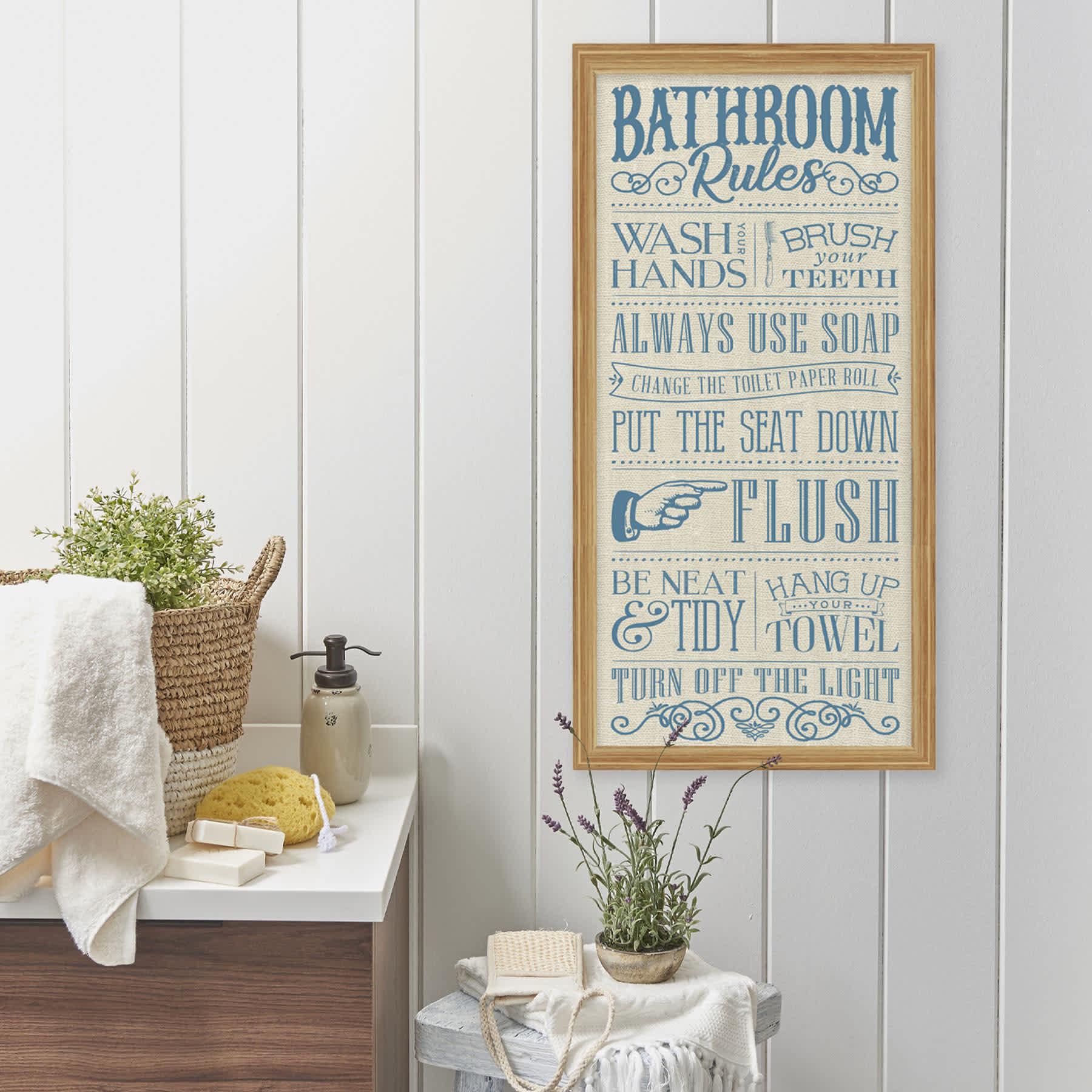 Bathroom Rules Framed Linen Wall Sign, 10x20