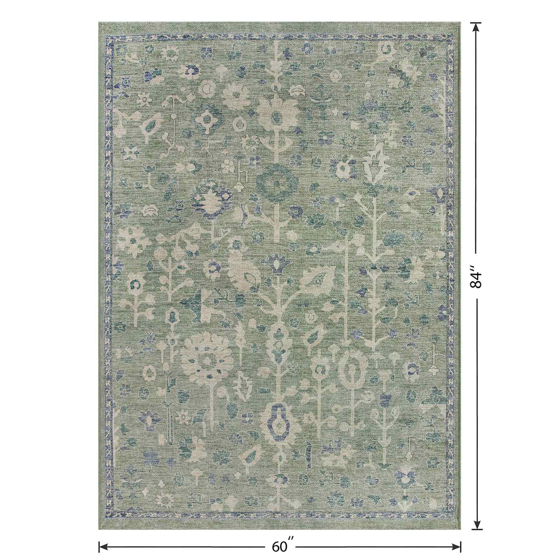 (B897) Honeybloom Green Floral Medallion Washable Area Rug, 5x7