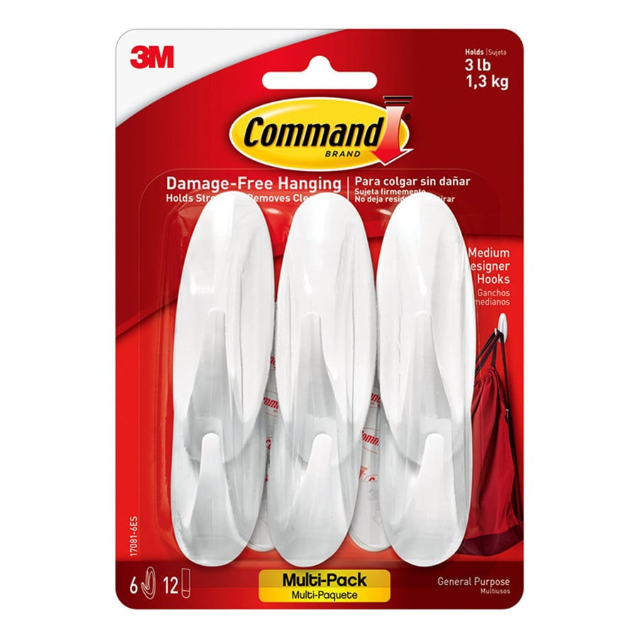 Command? Medium Designer Hooks Multi-Pack, 6-Hooks, 12-Strips/Pack, White