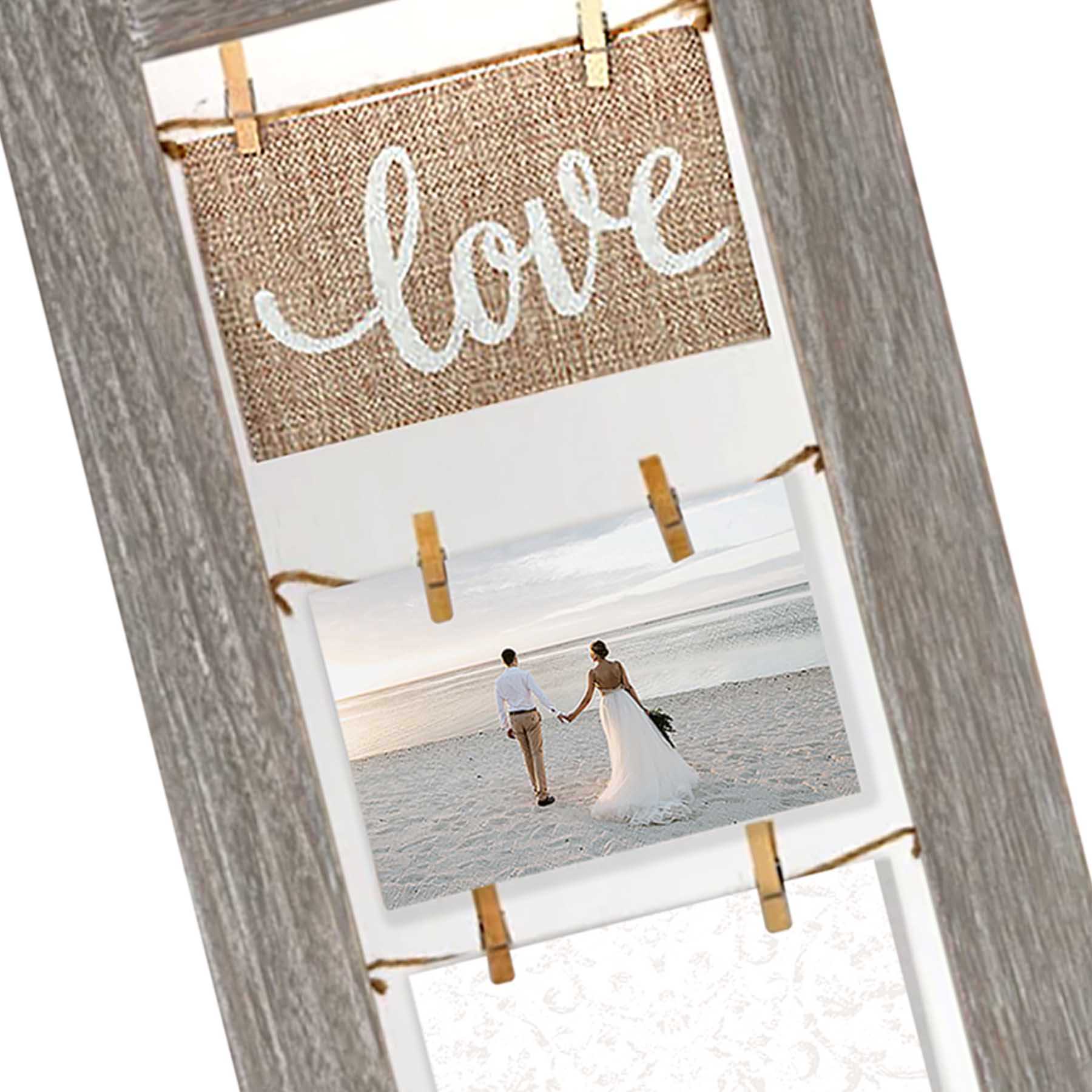 3-Opening Greywash Clothespin String Collage with Burlap Love Banner, 11.1x26.6