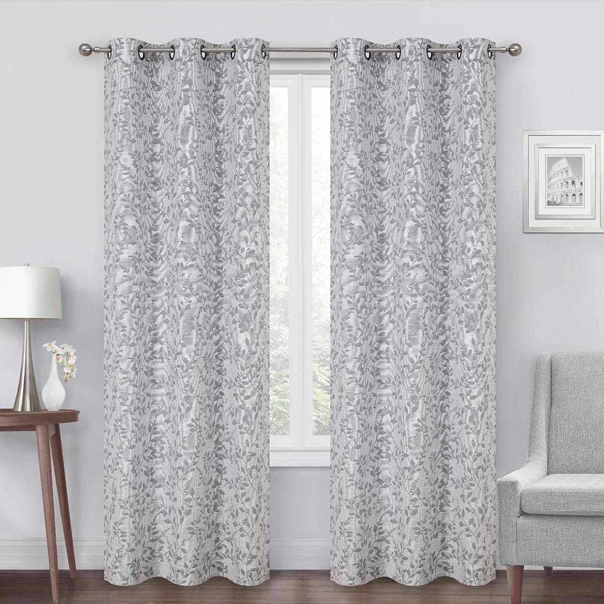Grey Celia Leaf Jacquard Light Filtering Grommet Curtain Panel, 84"