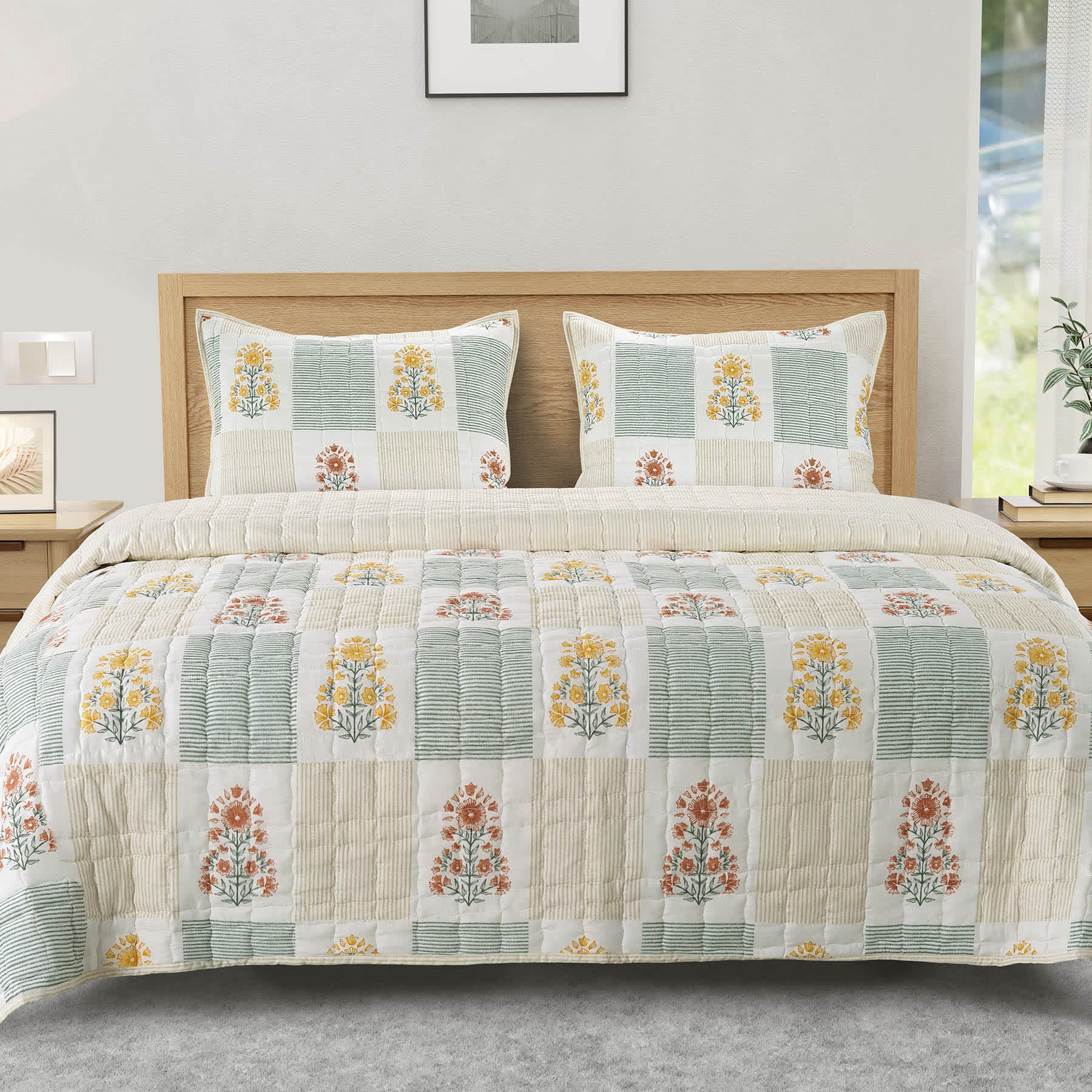 Honeybloom 3-Piece Floral Block Print Gauze Quilt Set, Full/Queen