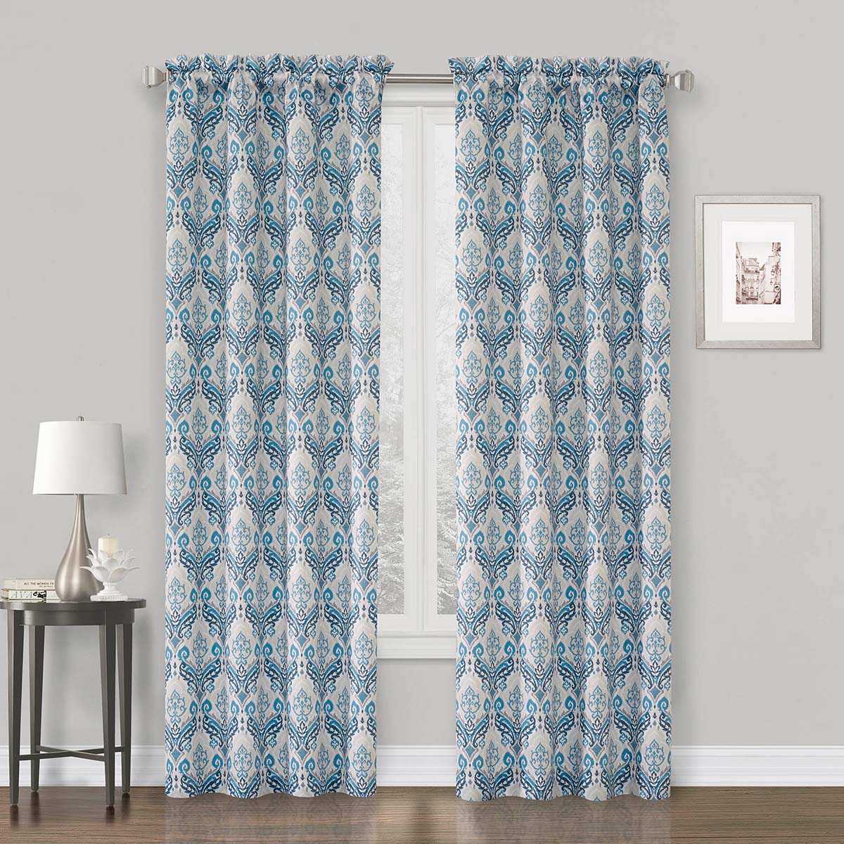 Blue Paisley Printed Rod Pocket Blackout Curtain Panel, 84"