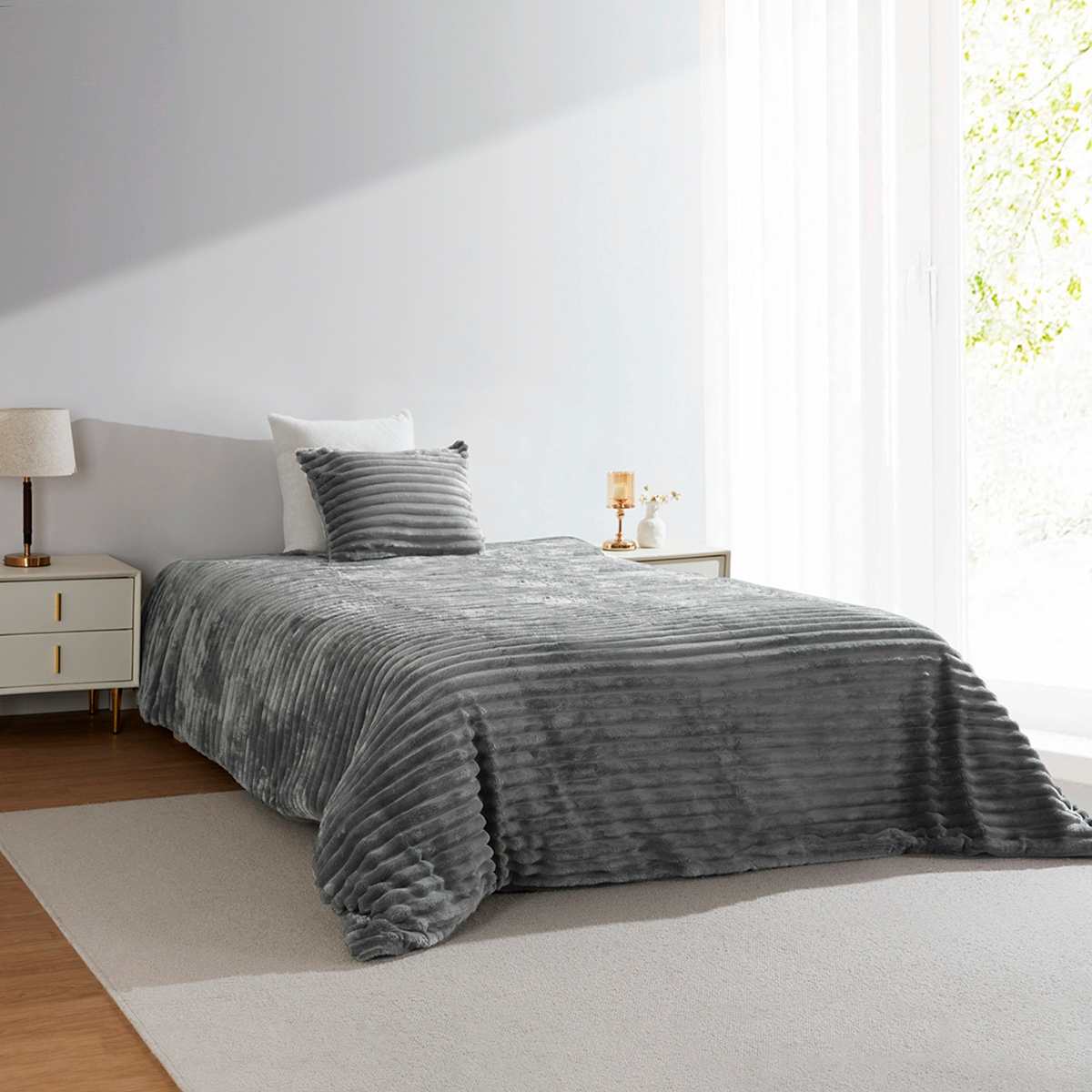 2-Piece Grey Ribbed Plush Comforter Set, Twin/Twin XL