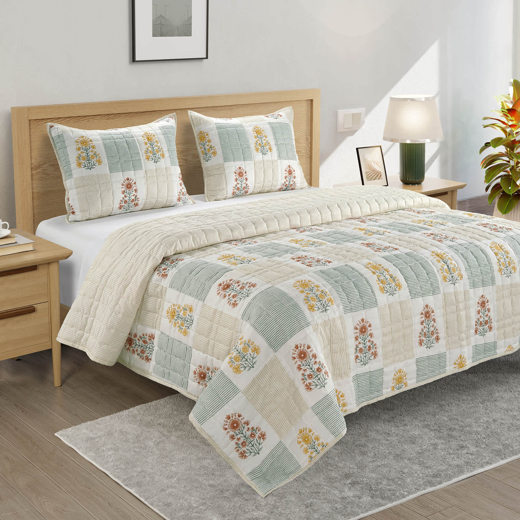 Honeybloom 3-Piece Floral Block Print Gauze Quilt Set, King