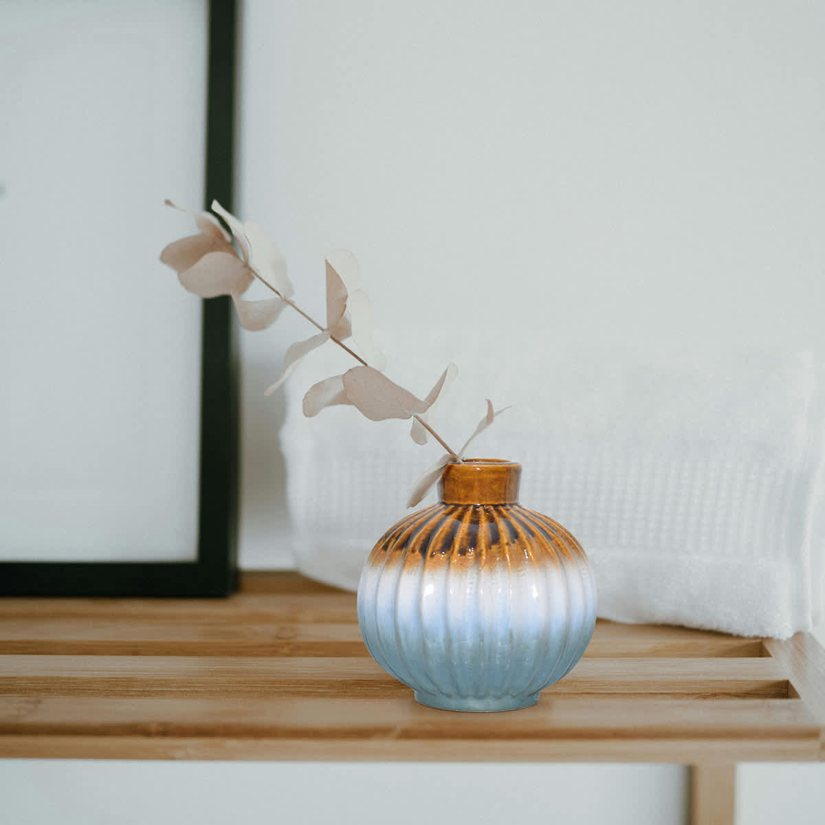 Brown, White & Blue Ceramic Decorative Vase, 7.1"