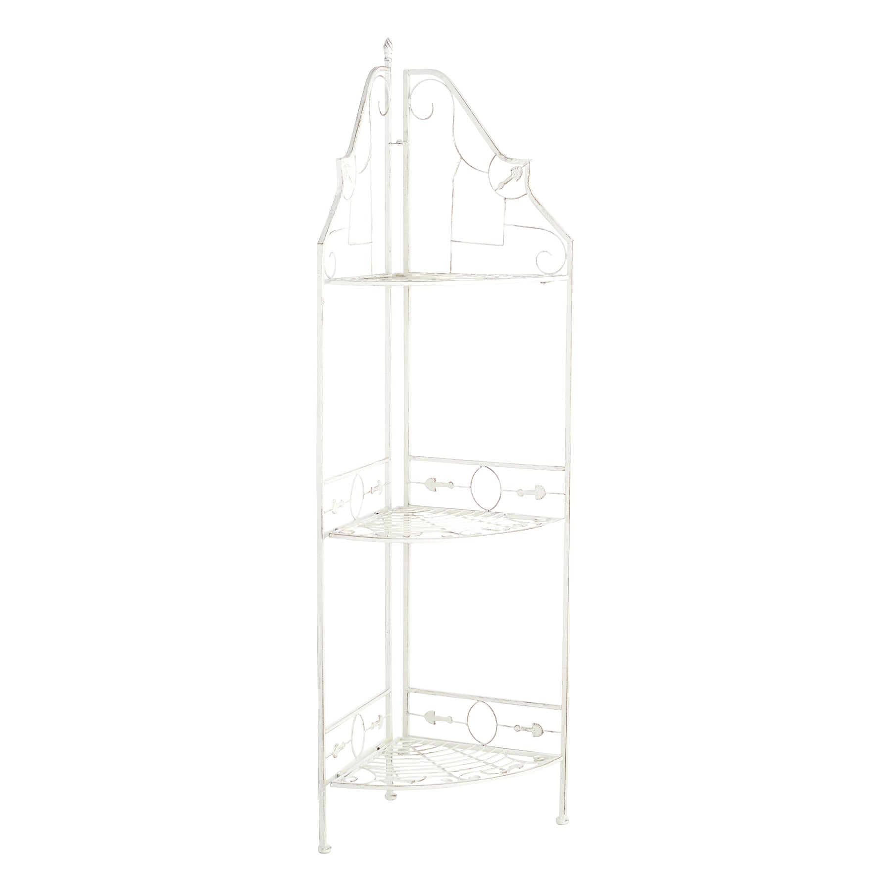 White Scrolled Metal Folding Corner Shelf Rack, 51.5"