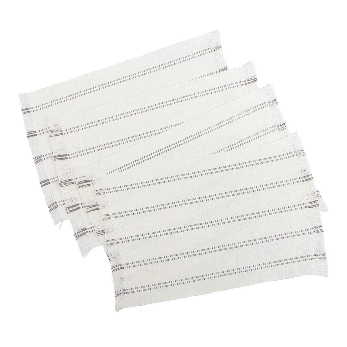 Set of 4 Ivory Woven Ribbed Placemats with Grey Stripes & Fringe