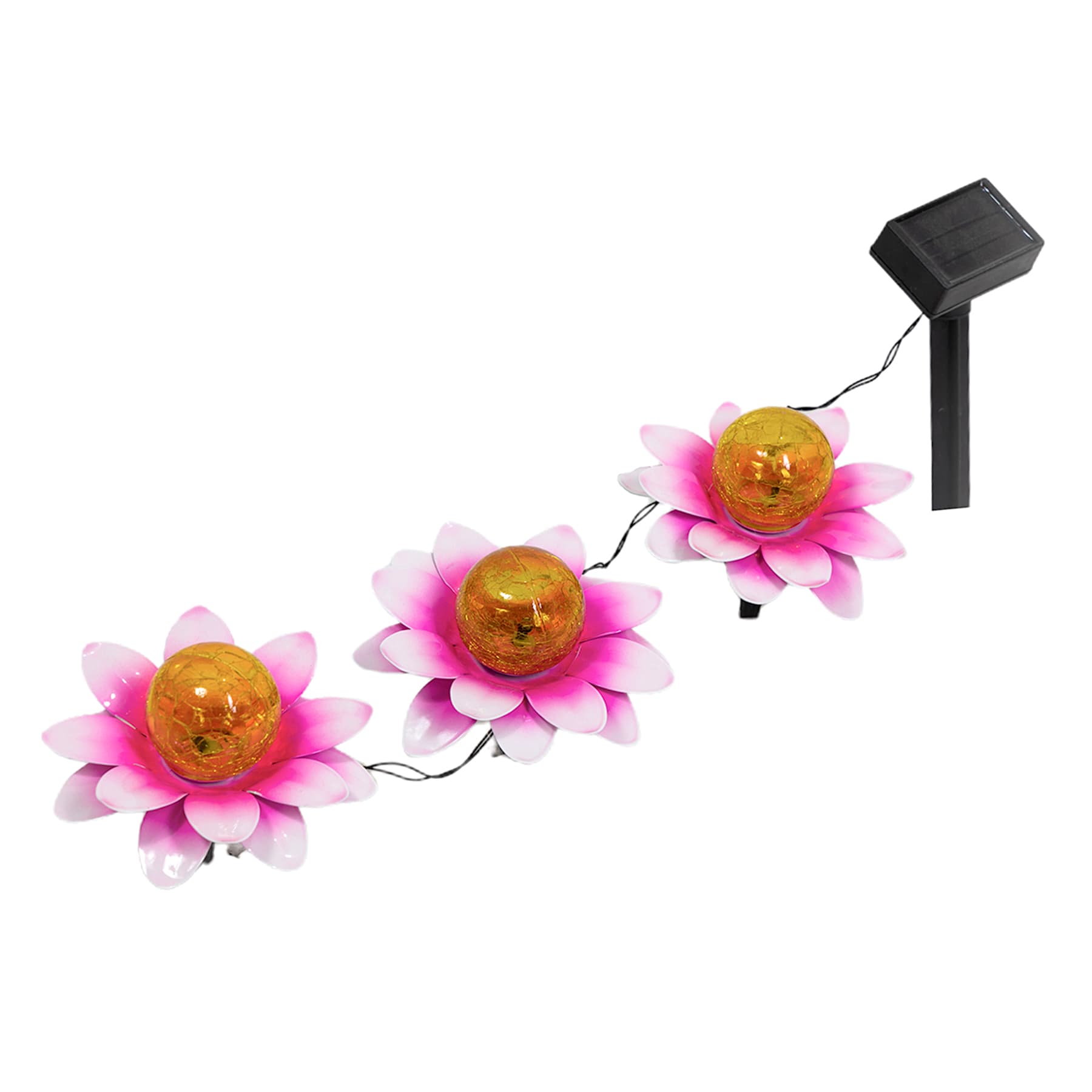 Set of 3 Solar Pink Flowers with Crackle Globes