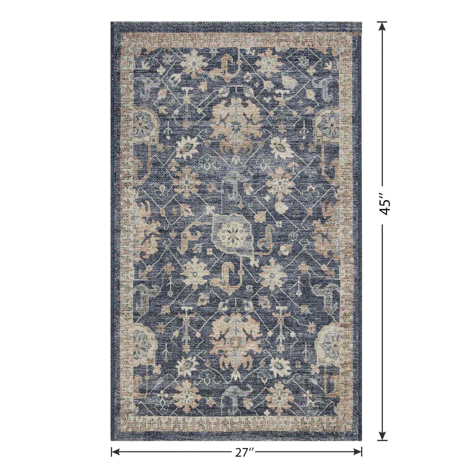 Navy Blue Floral Print Washable Accent Rug with Gel Back, 27x45