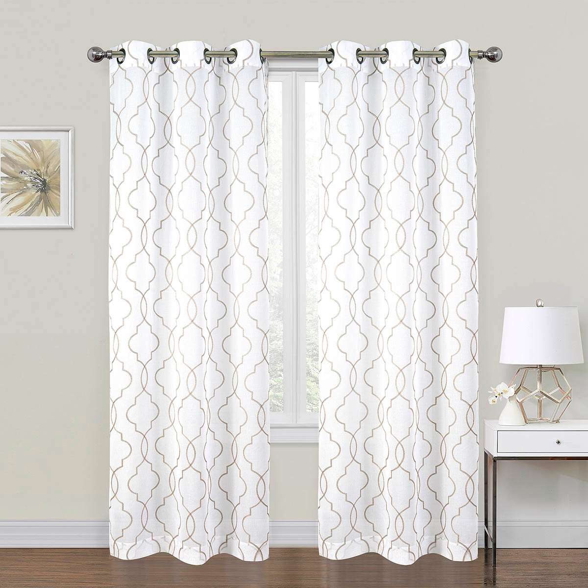 2-Pack Metallic Embroidered Geo White Grommet Curtain Panels, 63"