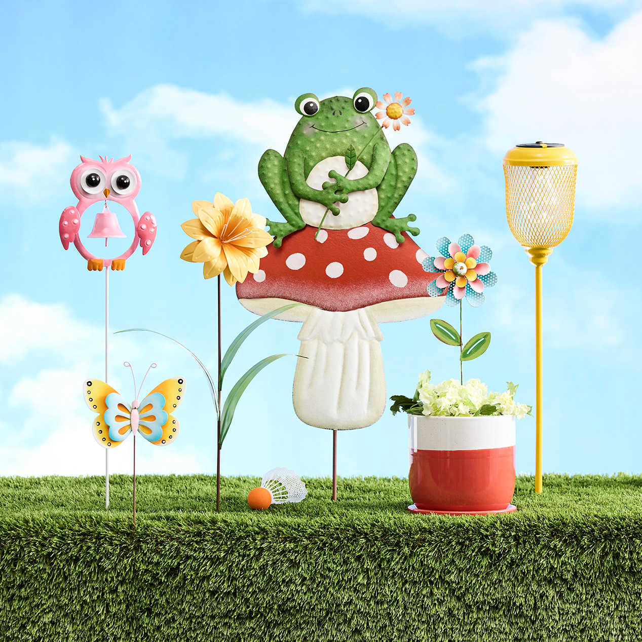 Frog Sitting On a Mushroom Metal Yard Stake, 30"