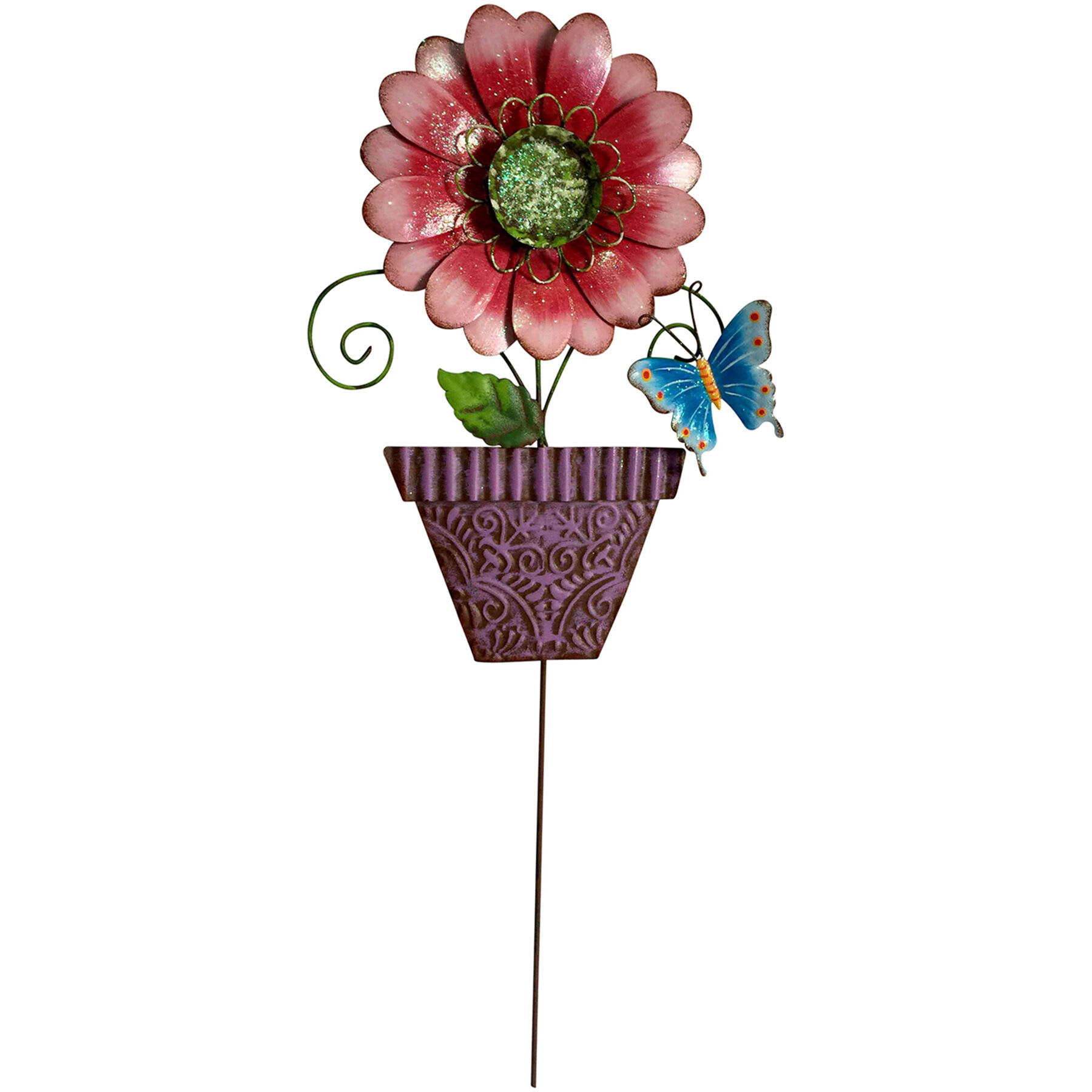 Pink Flower with Purple Pot Yard Pick, 22"