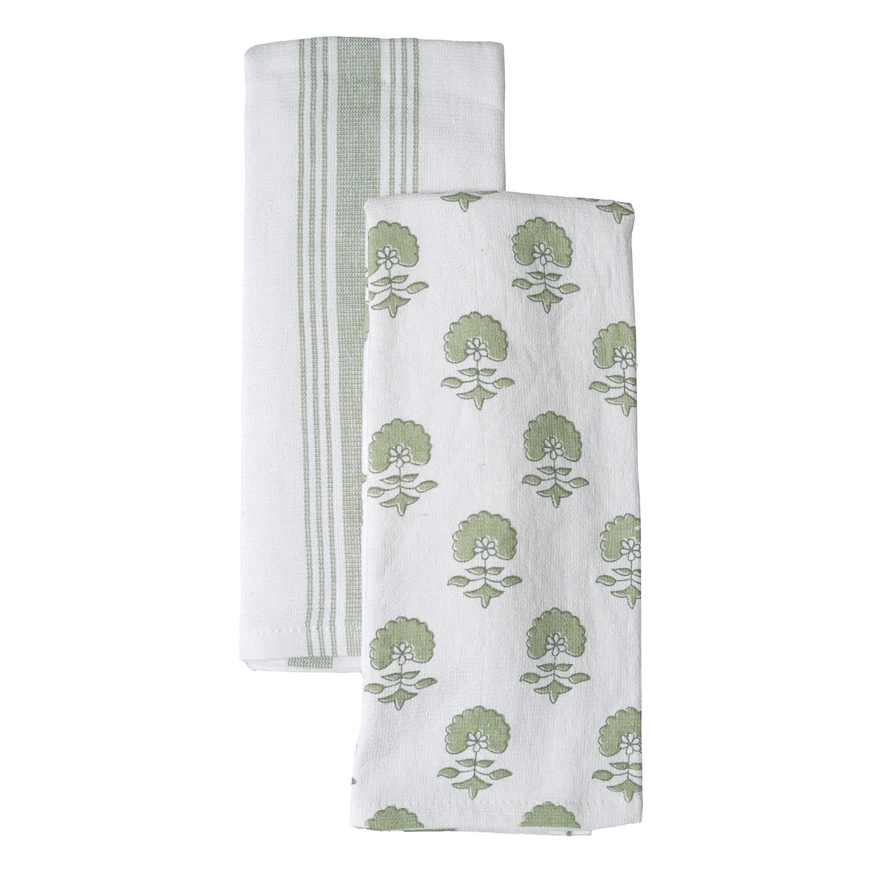 Set of 2 Green Floral Print Terry Cotton Kitchen Towels