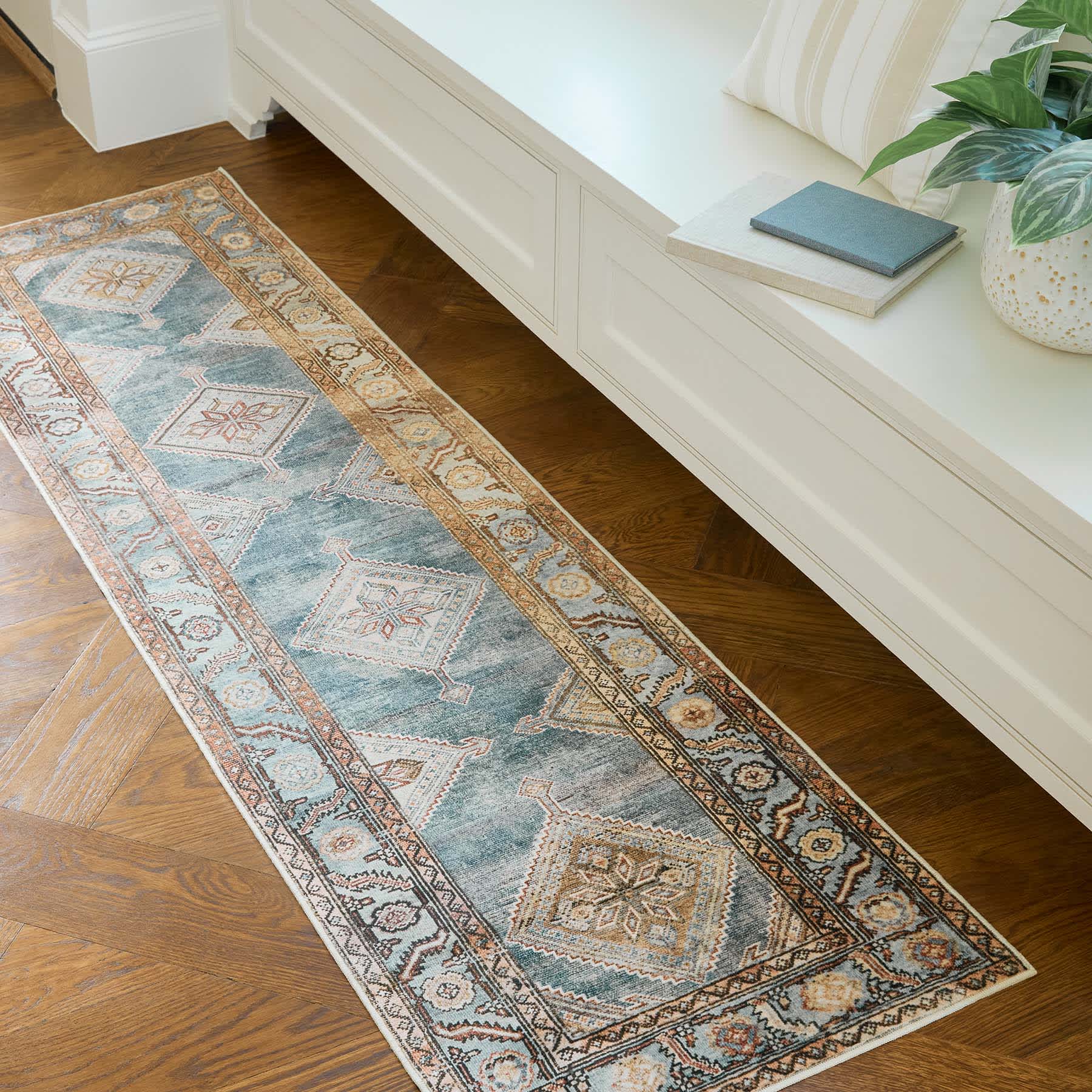 (D569) Freya Blue Multicolor Medallion Washable Runner, 2x7