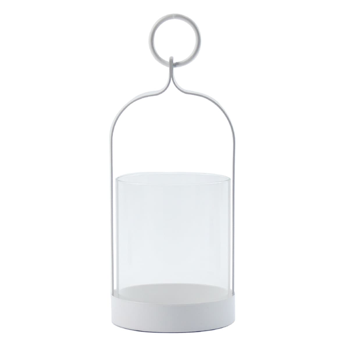 White Metal and Glass Lantern With Ring Handle, 8"