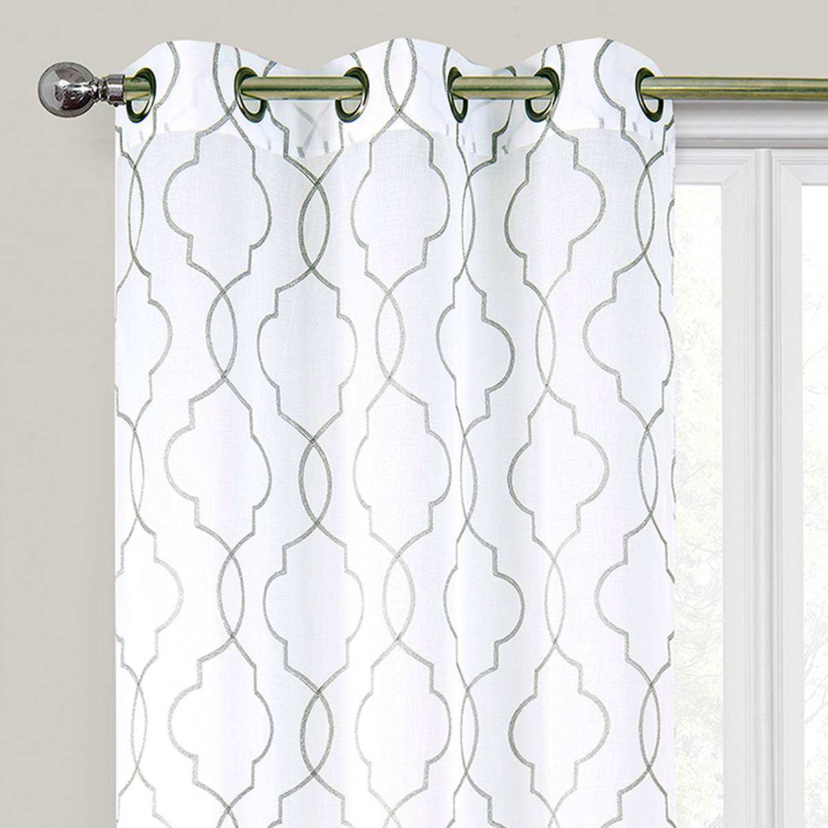 2-Pack White & Grey Metallic Embroidered Geo Grommet Curtain Panels, 84"